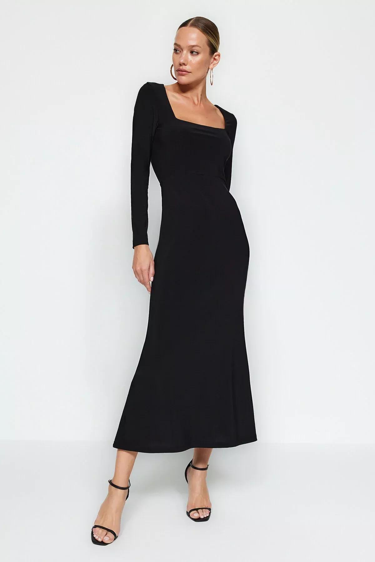 Black Ruffles Square Neckline Knit Dress, BLACK, large image number 3