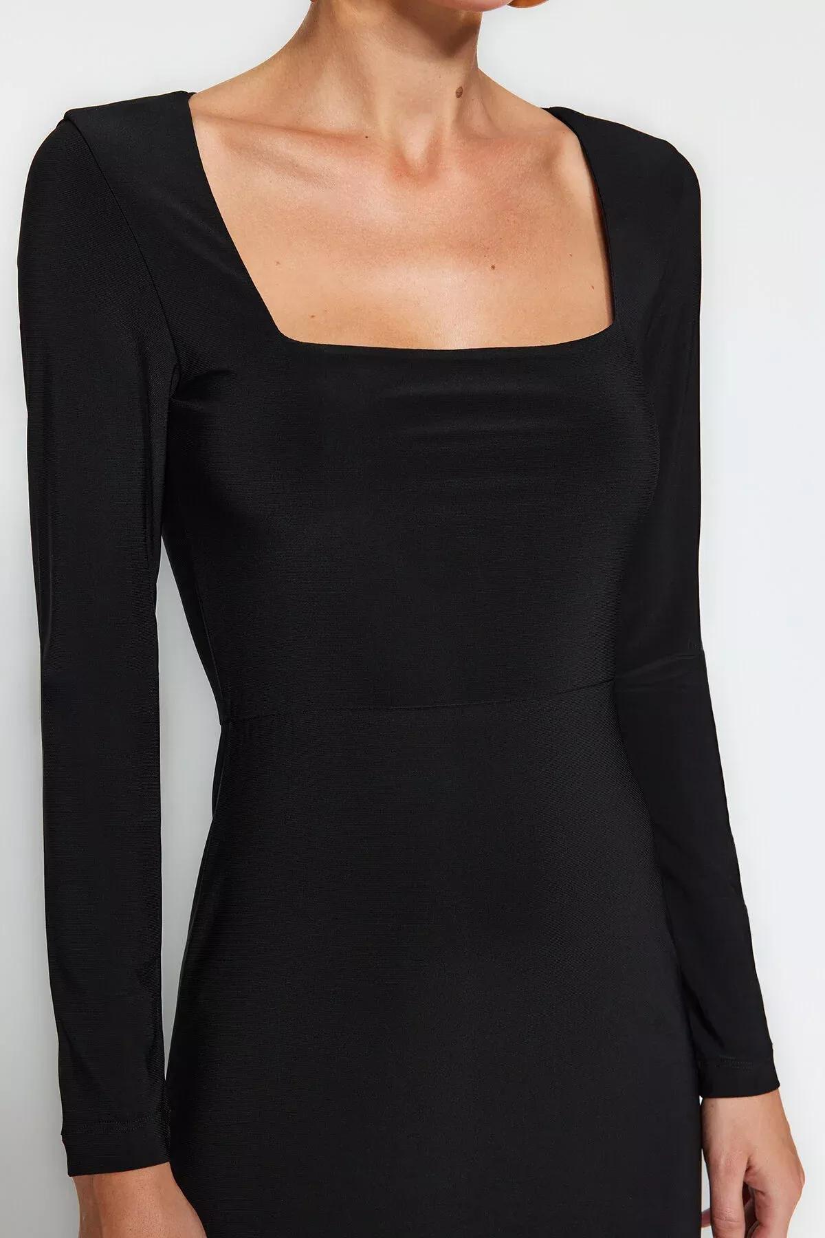 Black Ruffles Square Neckline Knit Dress, BLACK, large image number 4