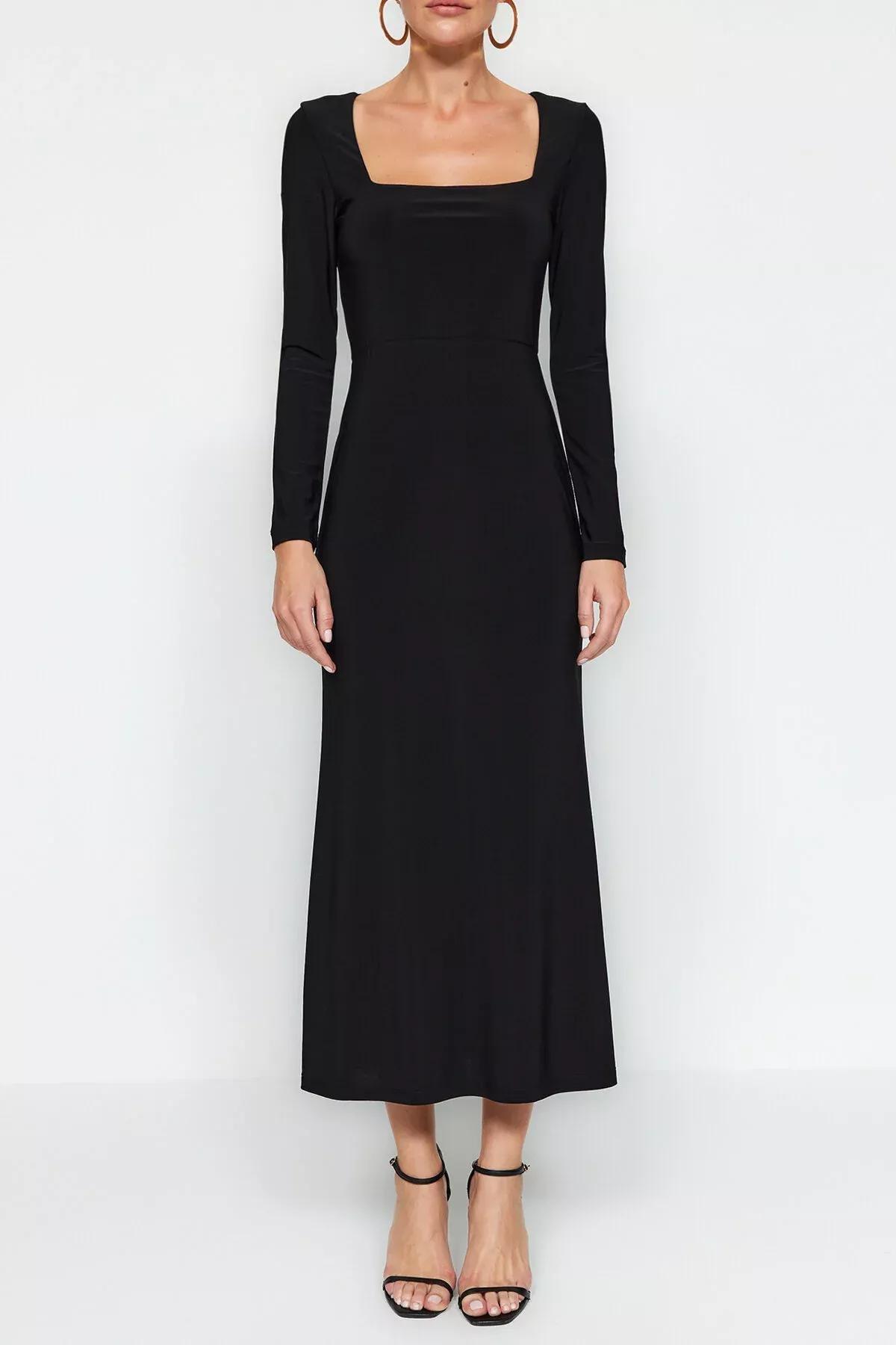 Black Ruffles Square Neckline Knit Dress, BLACK, large image number 5