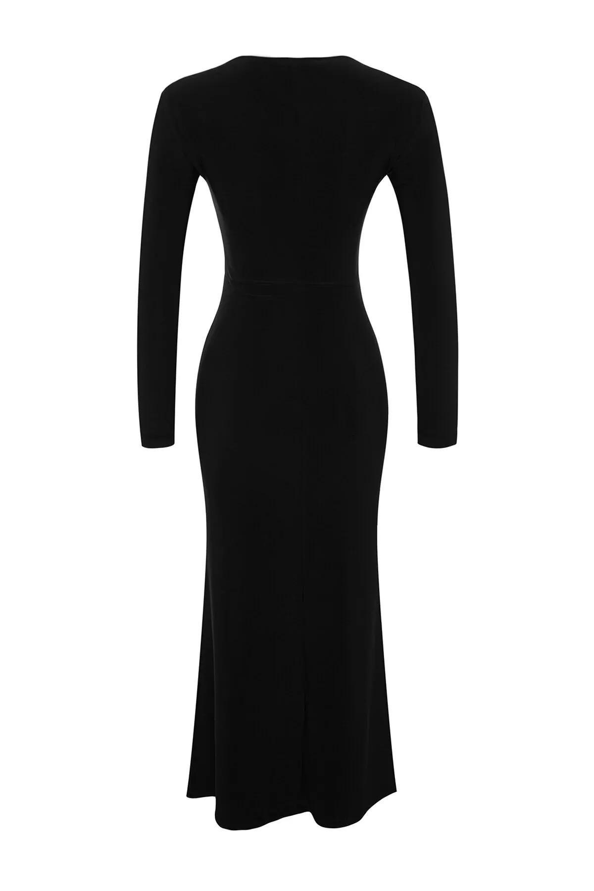 Black Ruffles Square Neckline Knit Dress, BLACK, large image number 7