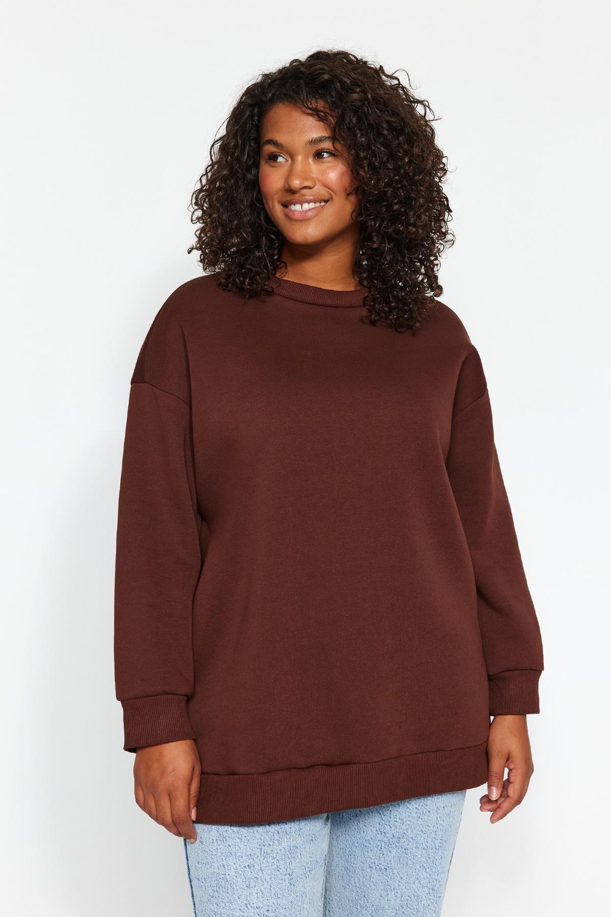 Trendyol - Brown Printed Knitted Fleeced Sweatshirt