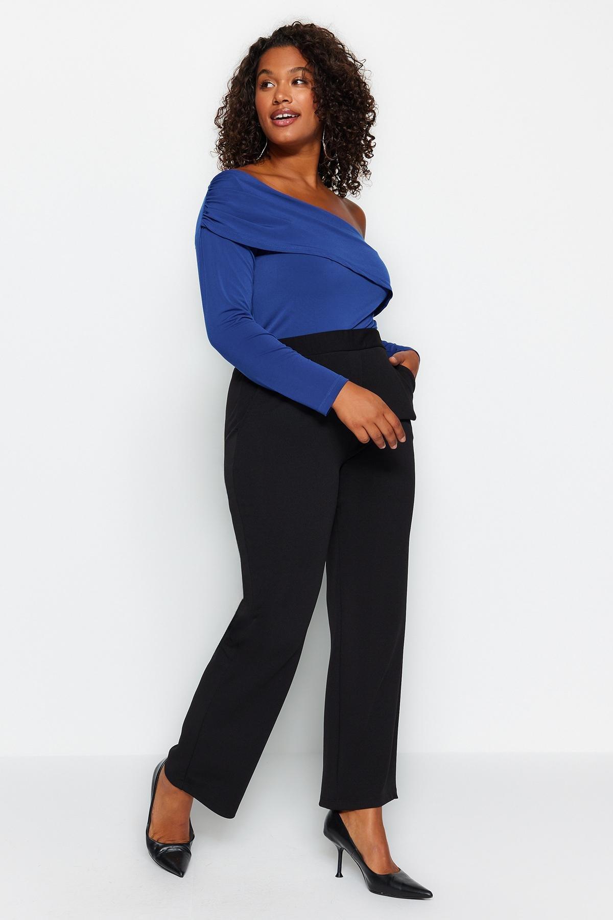 Black High Waist Crepe Knitted Pants, , large image number 1