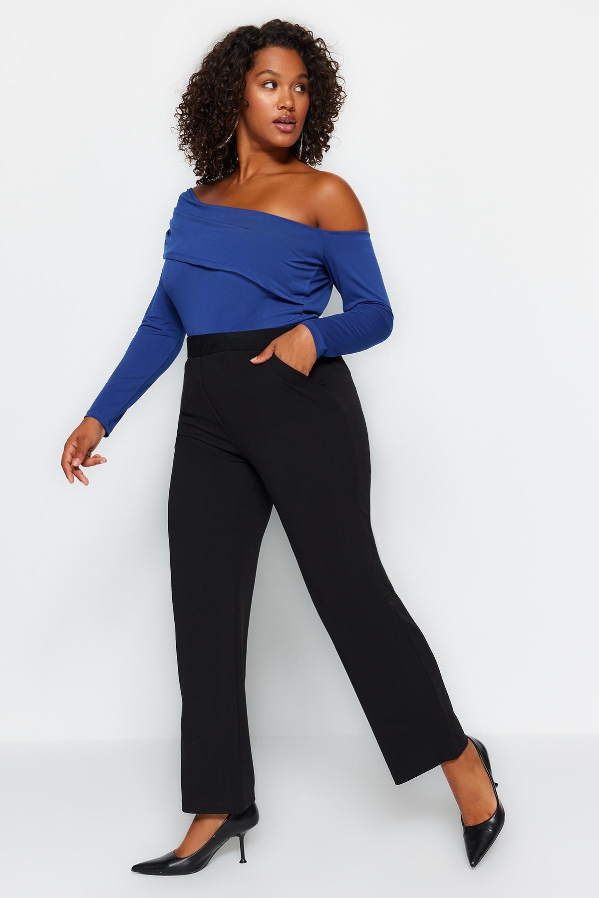 Black High Waist Crepe Knitted Pants, , large image number 2