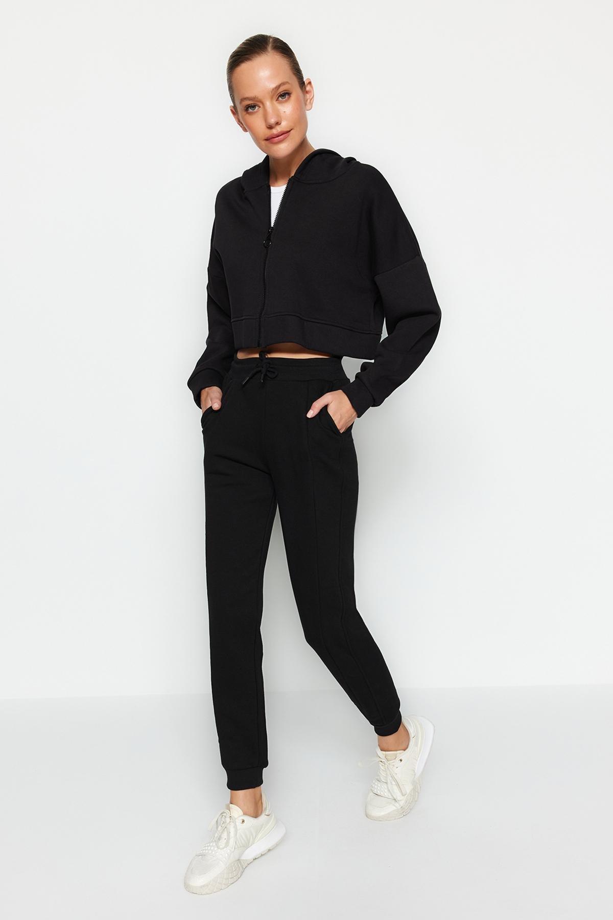 Black Stitching Detail Thick Knitted Sweatpants, BLACK, large image number 0