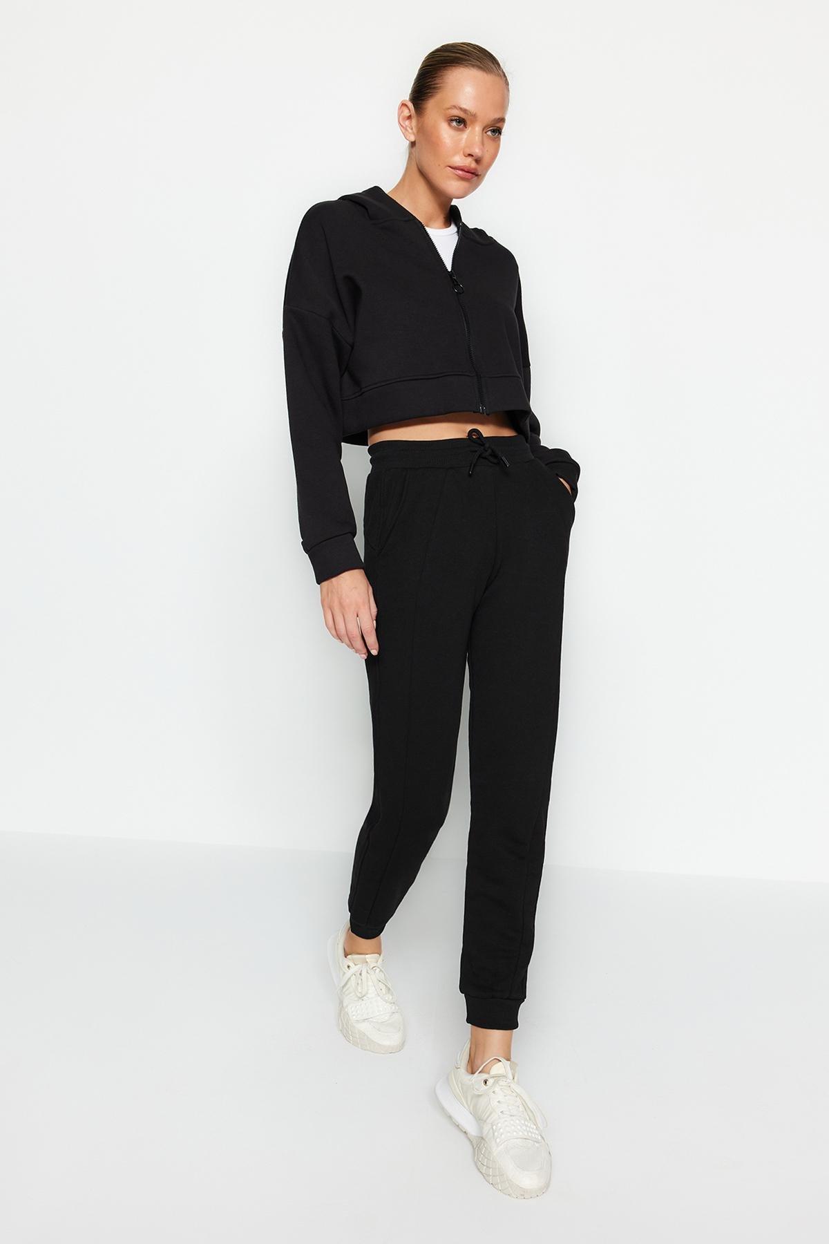 Black Stitching Detail Thick Knitted Sweatpants, BLACK, large image number 1