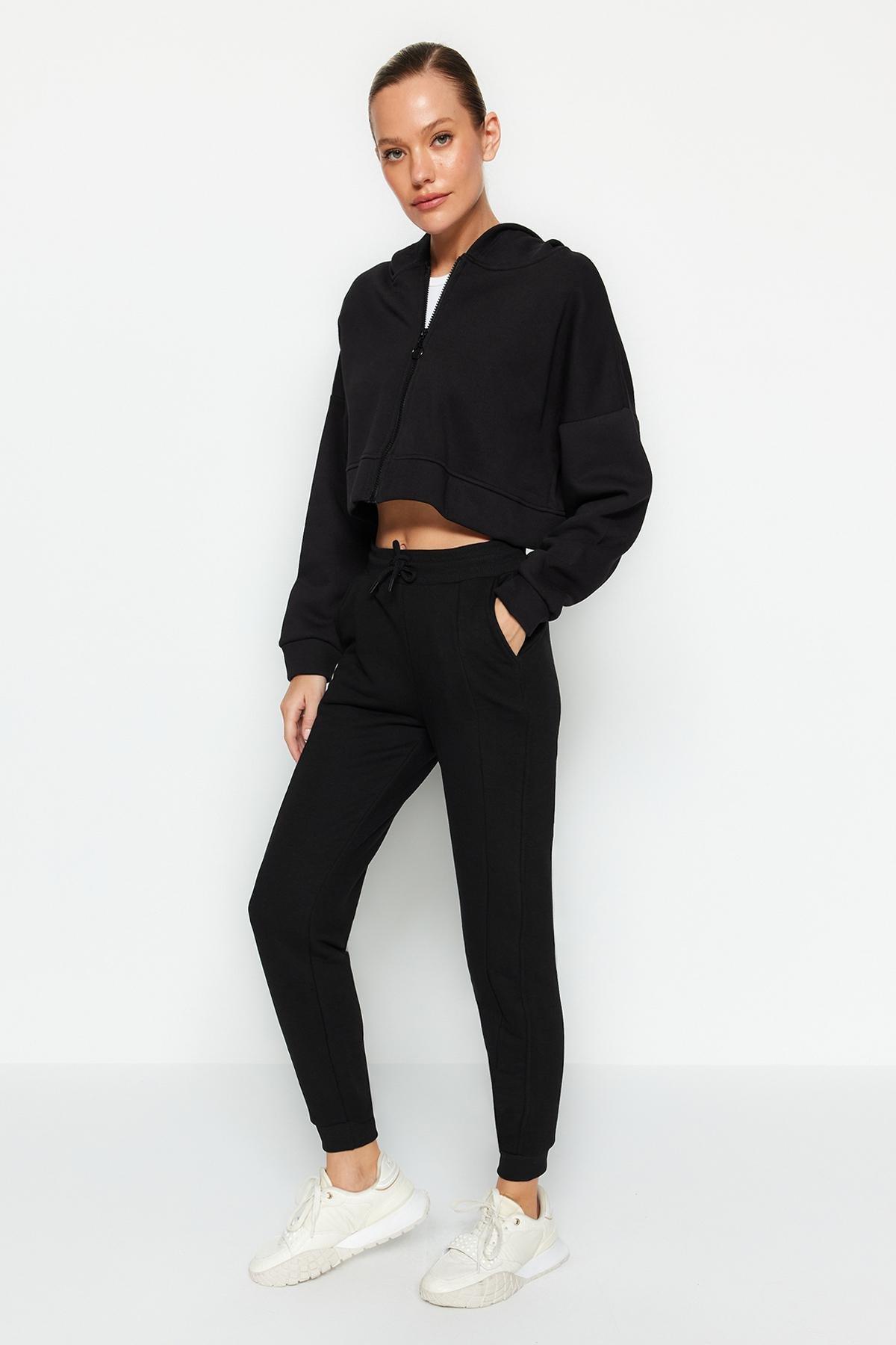 Black Stitching Detail Thick Knitted Sweatpants, BLACK, large image number 2