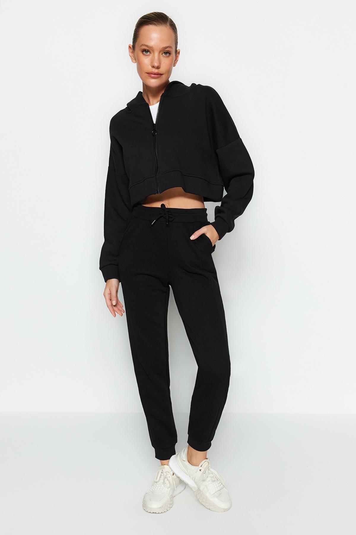 Black Stitching Detail Thick Knitted Sweatpants, BLACK, large image number 3