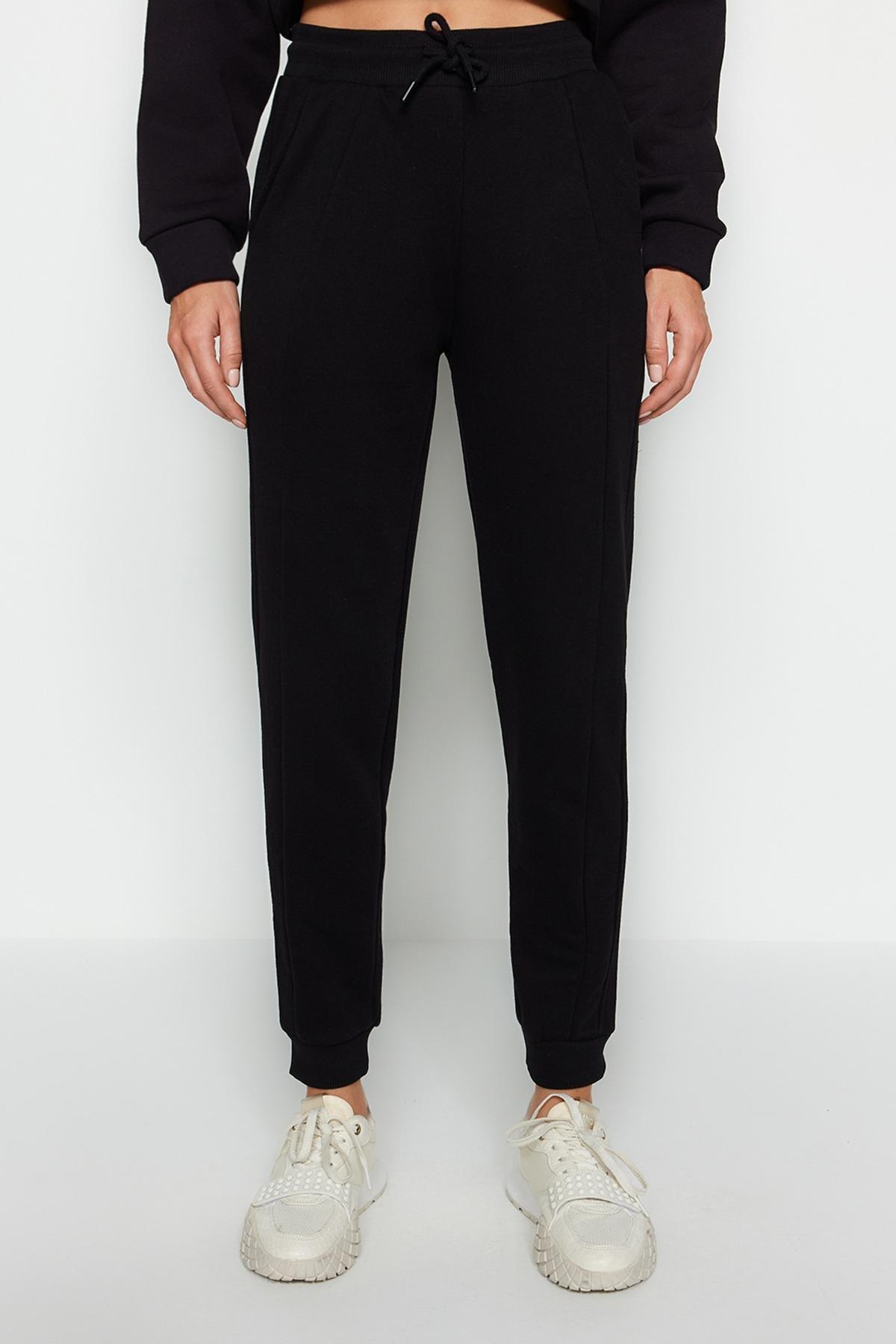 Black Stitching Detail Thick Knitted Sweatpants, BLACK, large image number 4