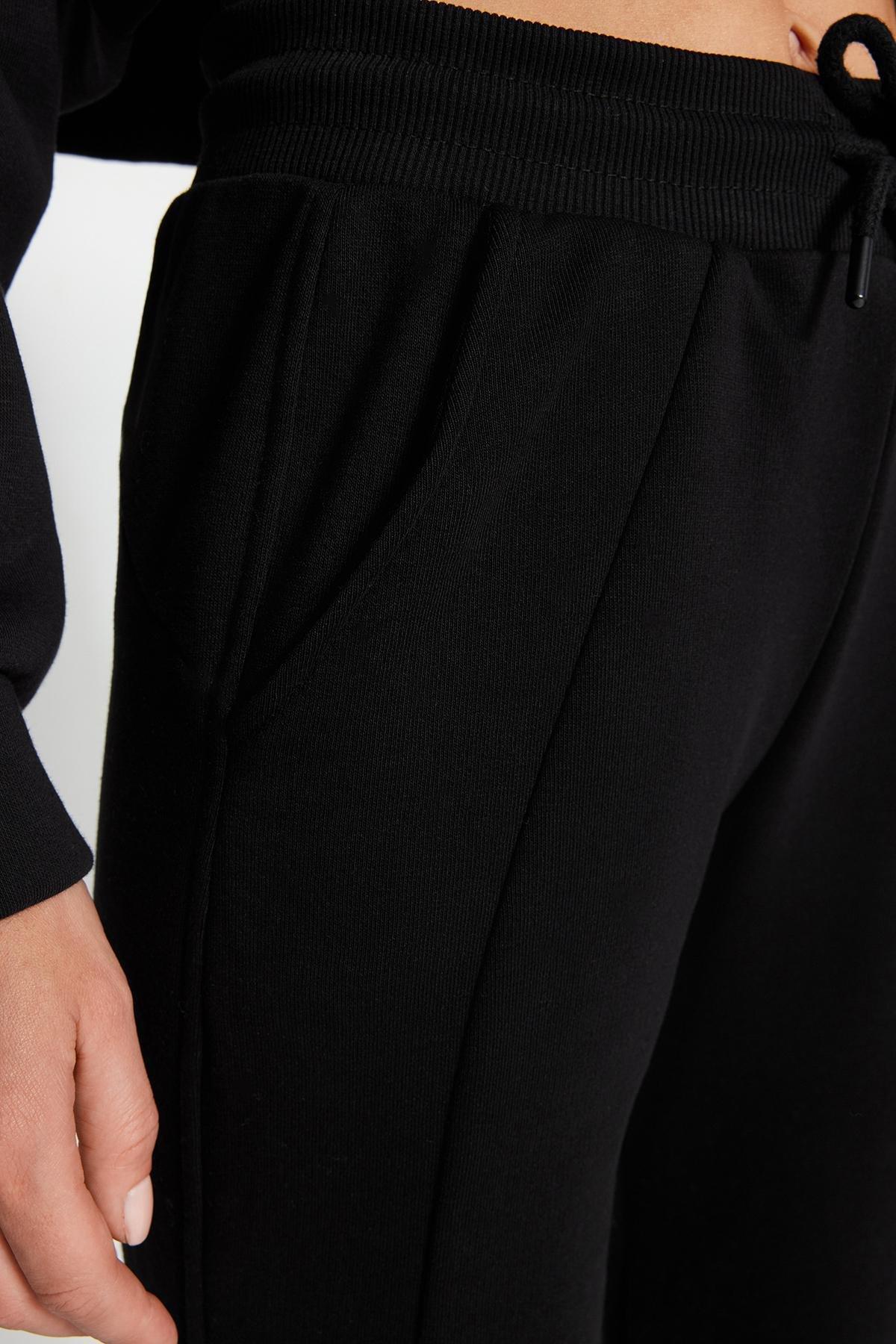Black Stitching Detail Thick Knitted Sweatpants, BLACK, large image number 5