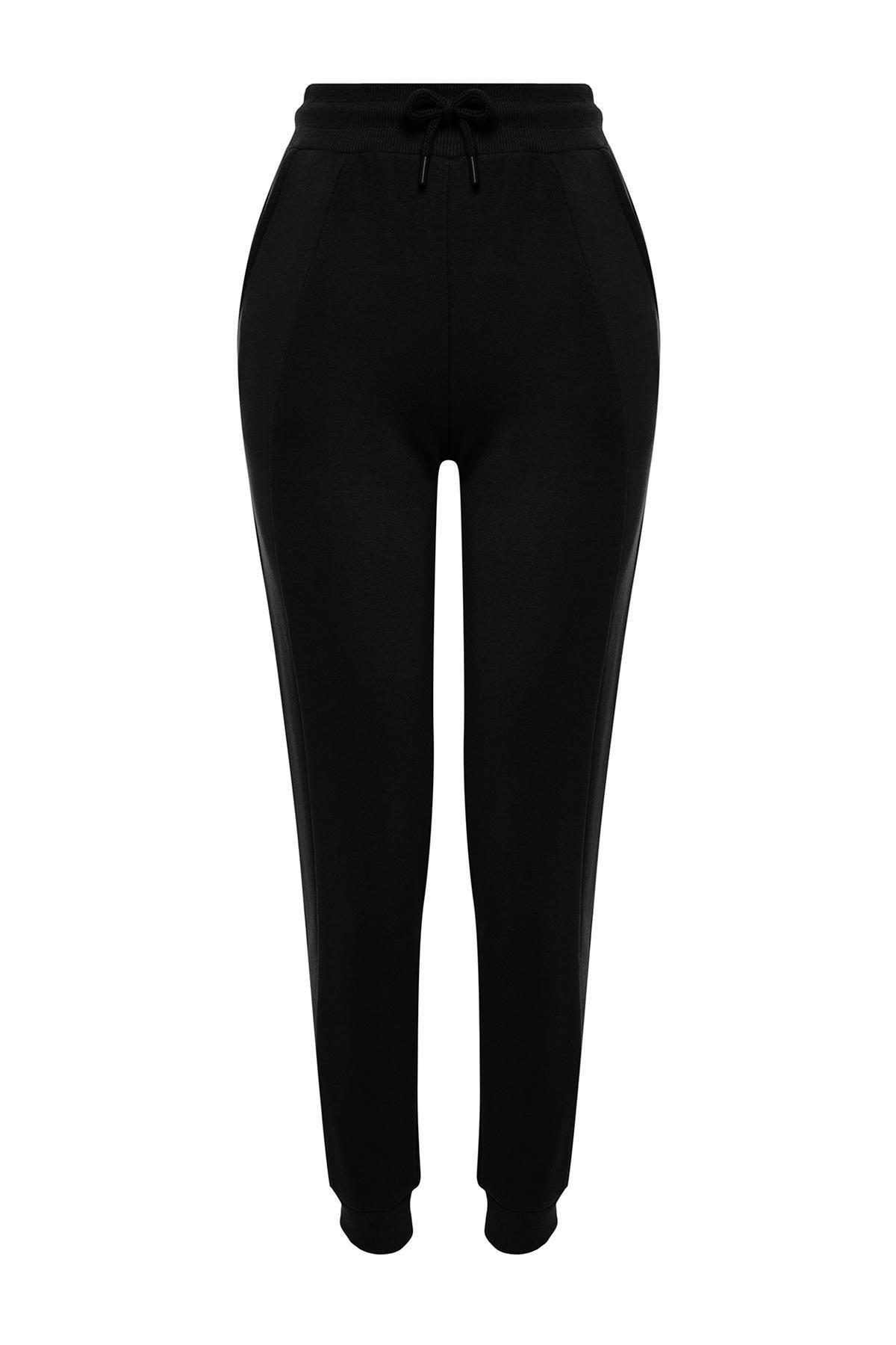 Black Stitching Detail Thick Knitted Sweatpants, BLACK, large image number 7
