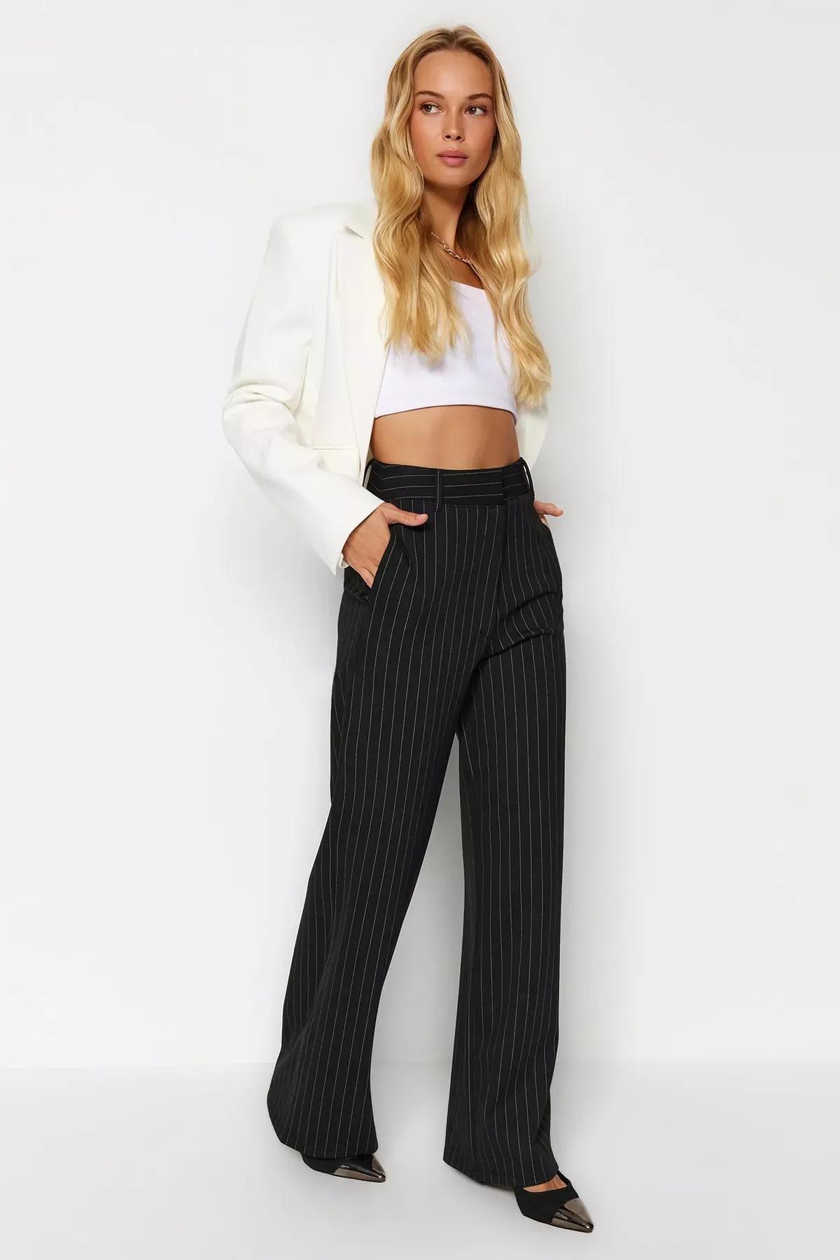 Black Striped Straight High Waist Knitted Pants, BLACK, medium