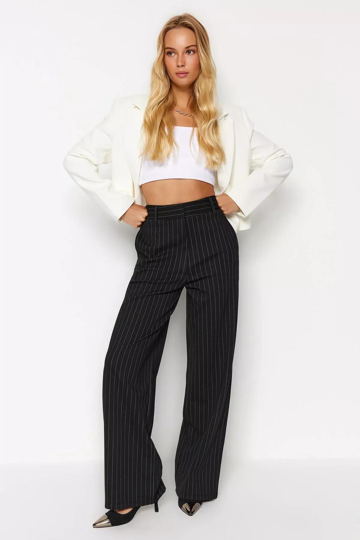 Black Striped Straight High Waist Knitted Pants, BLACK, large image number 2