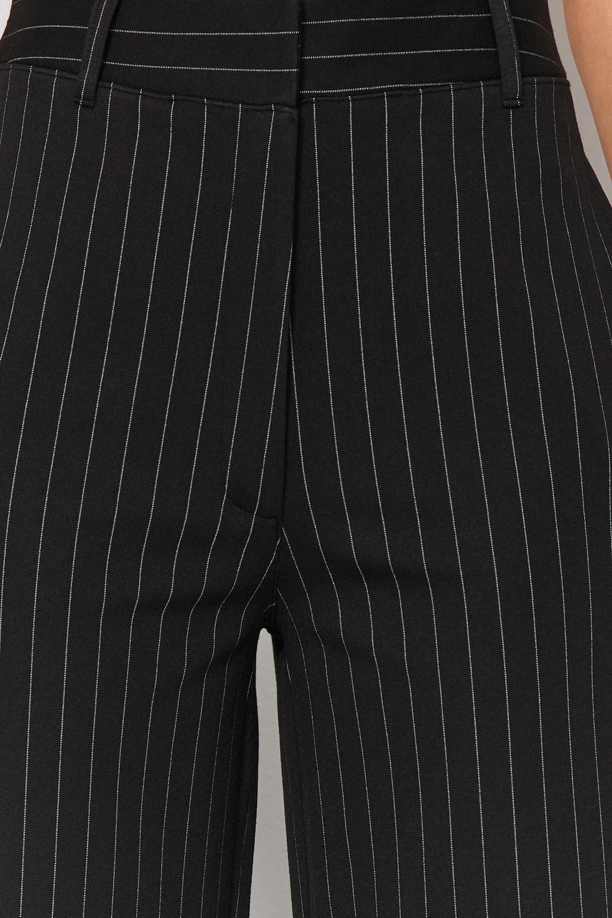 Black Striped Straight High Waist Knitted Pants, , large image number 3
