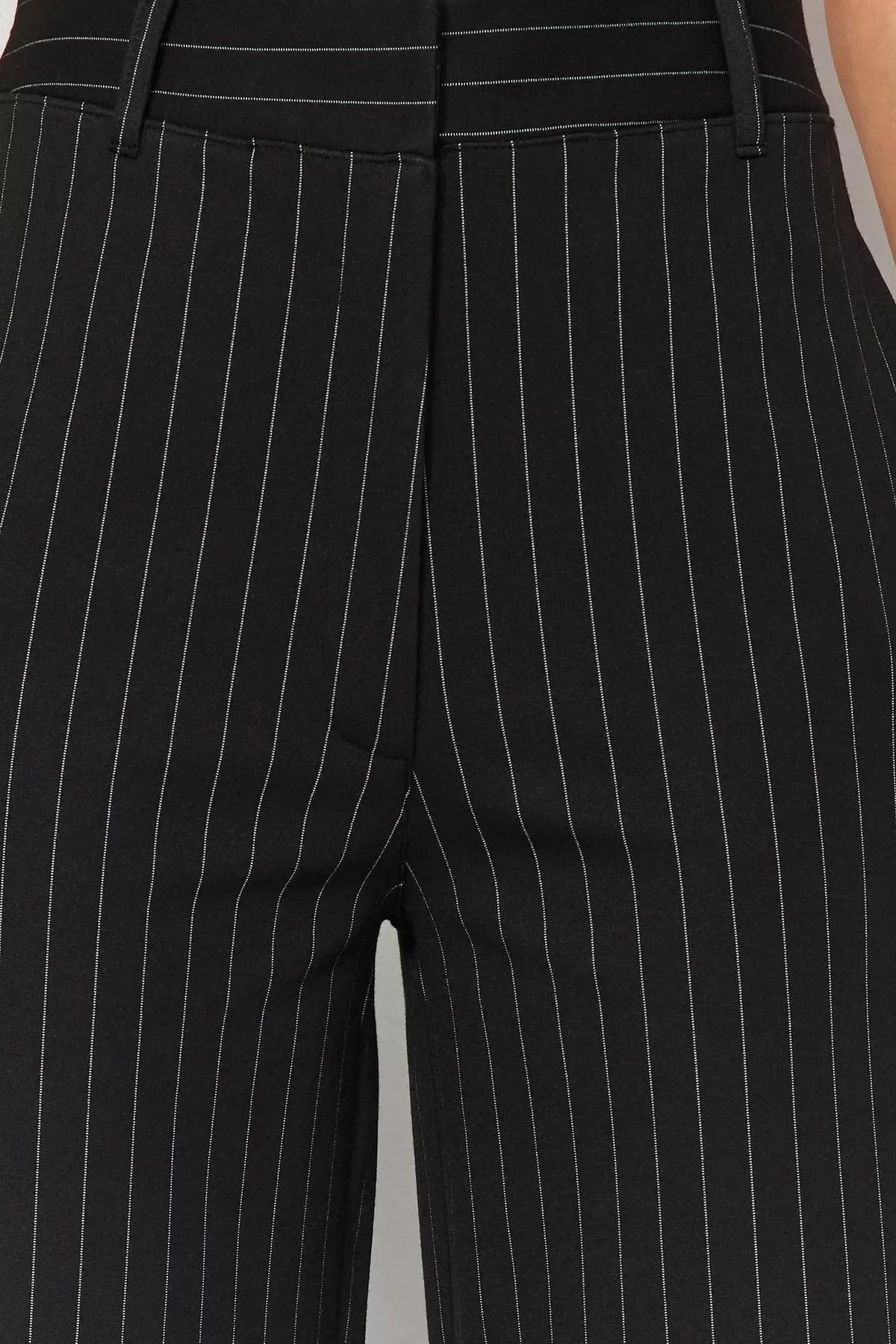 Black Striped Straight High Waist Knitted Pants, BLACK, large image number 3
