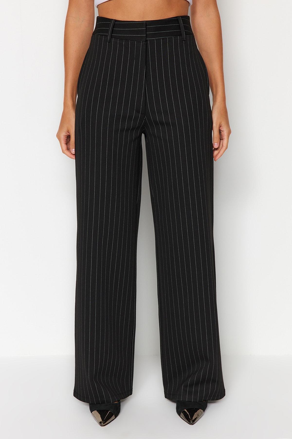 Black Striped Straight High Waist Knitted Pants, , large image number 4