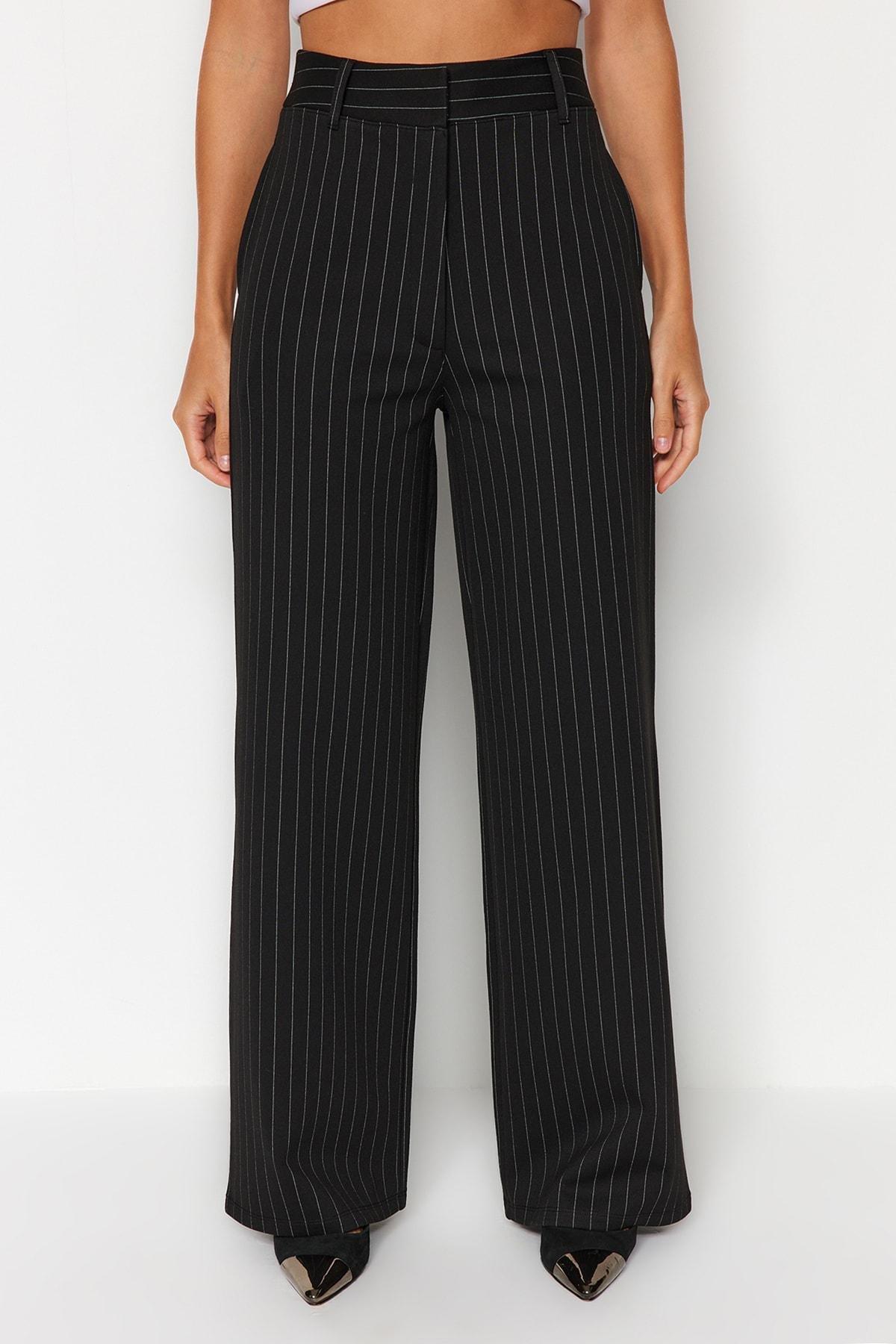 Trendyol - Black Striped Straight High Waist Knitted Pants