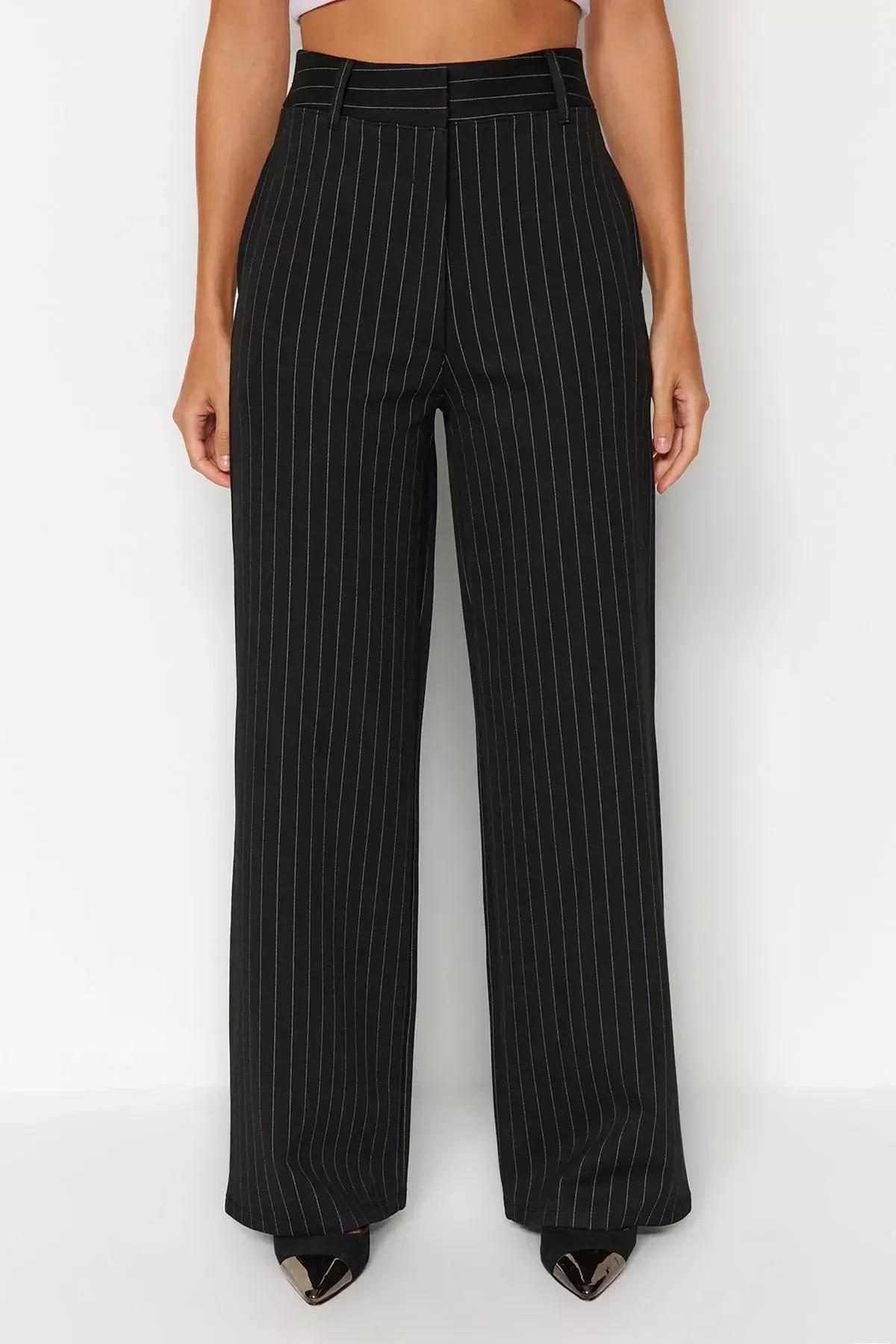 Black Striped Straight High Waist Knitted Pants, BLACK, large image number 4