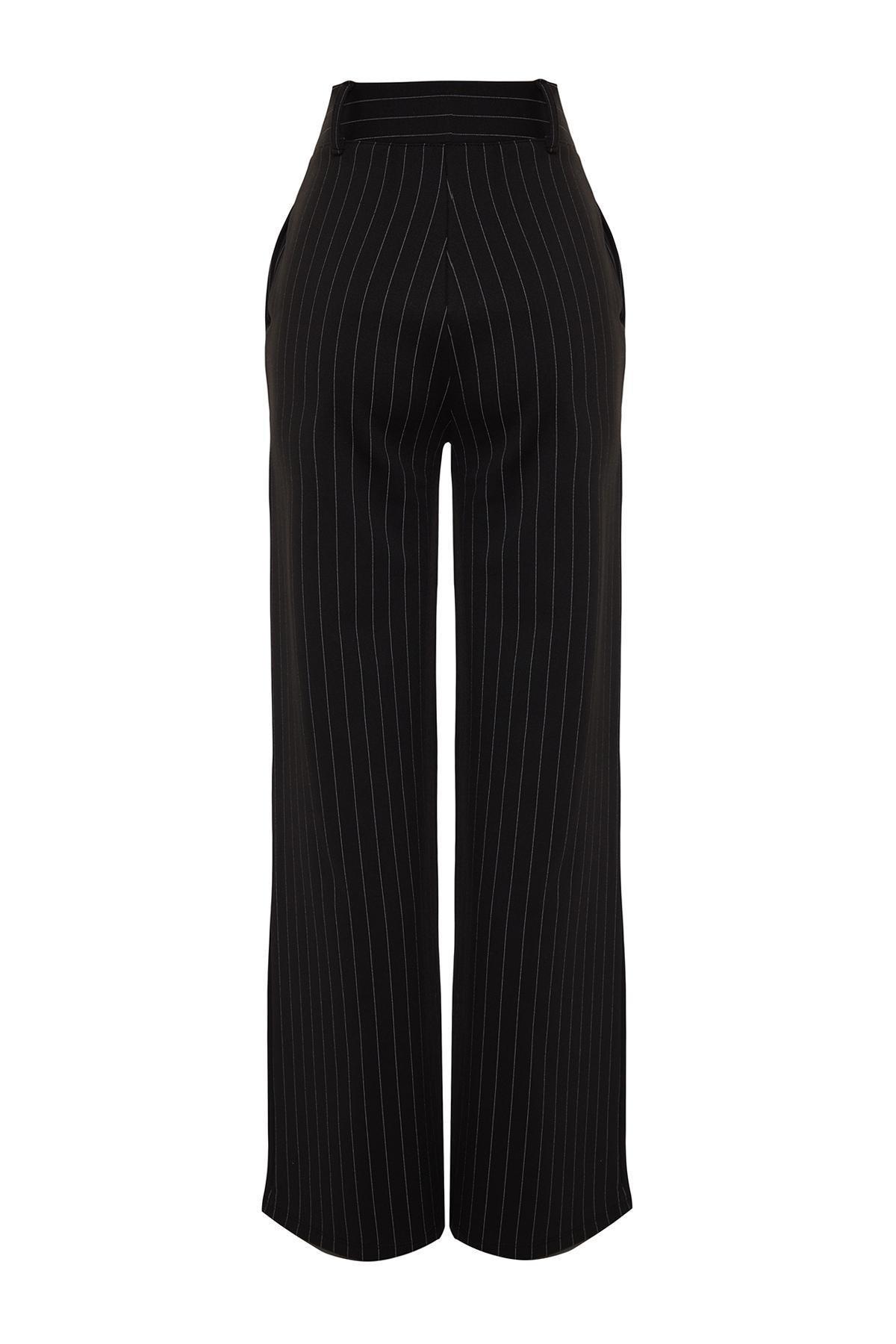 Black Striped Straight High Waist Knitted Pants, , large image number 5