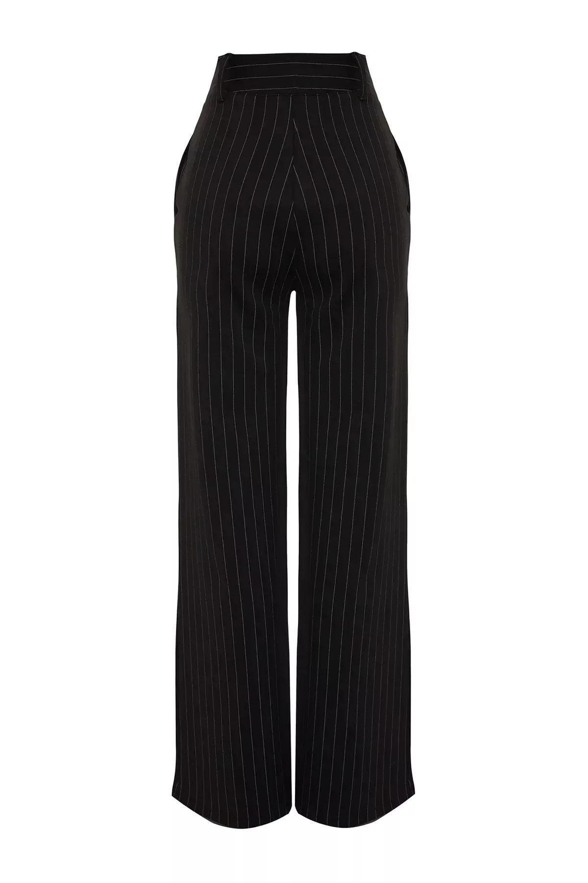 Black Striped Straight High Waist Knitted Pants, BLACK, large image number 5