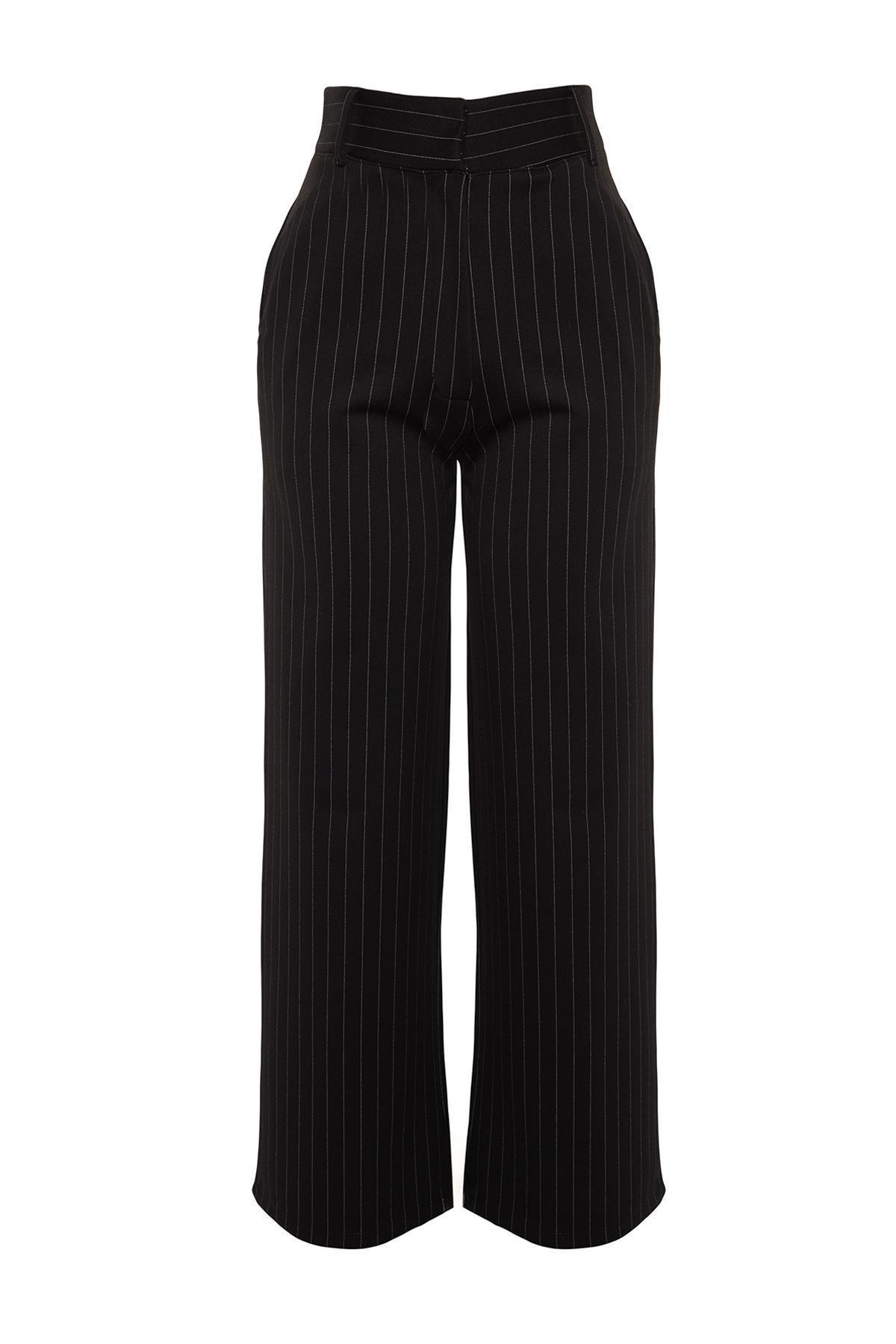 Black Striped Straight High Waist Knitted Pants, , large image number 6