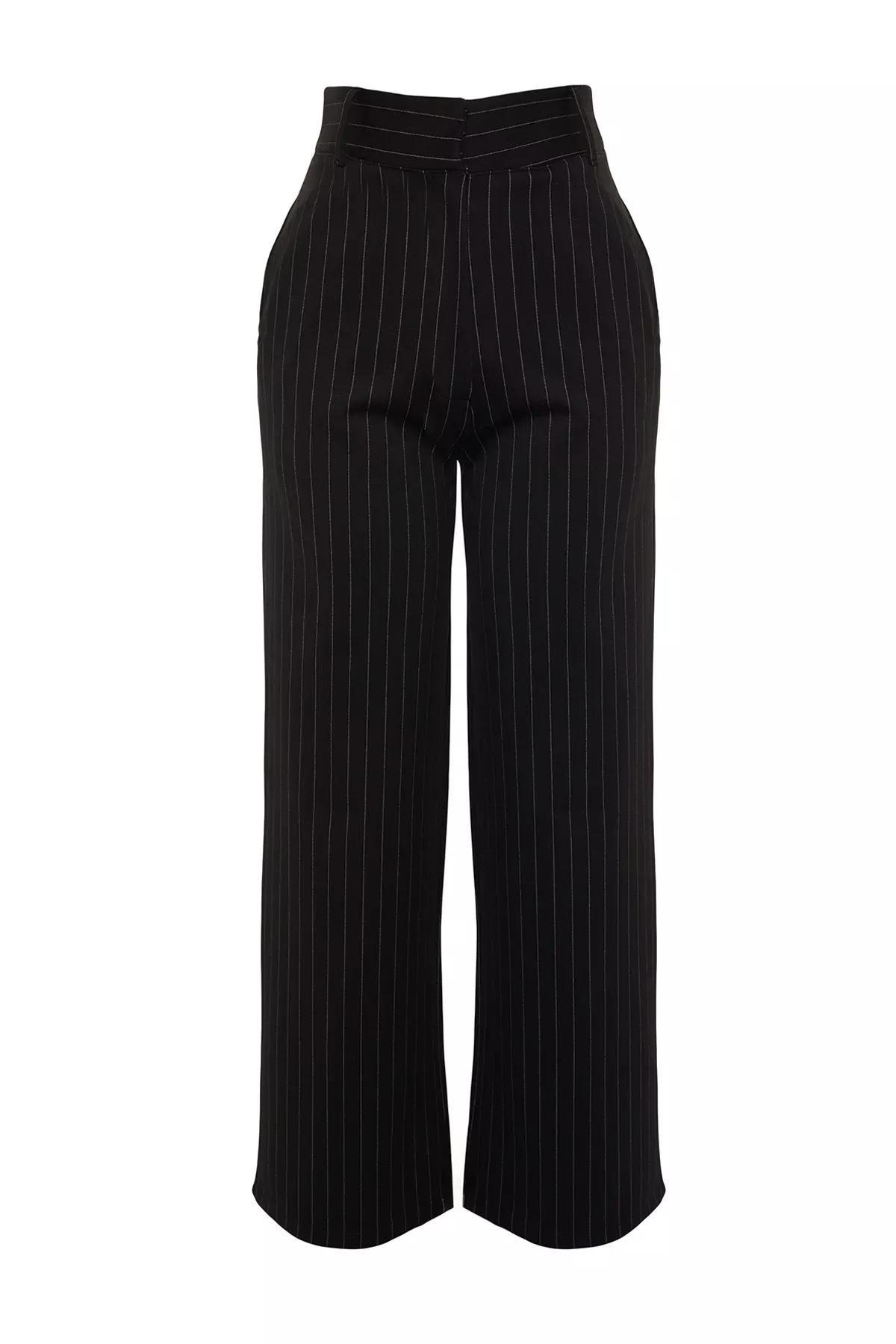Black Striped Straight High Waist Knitted Pants, BLACK, large image number 6