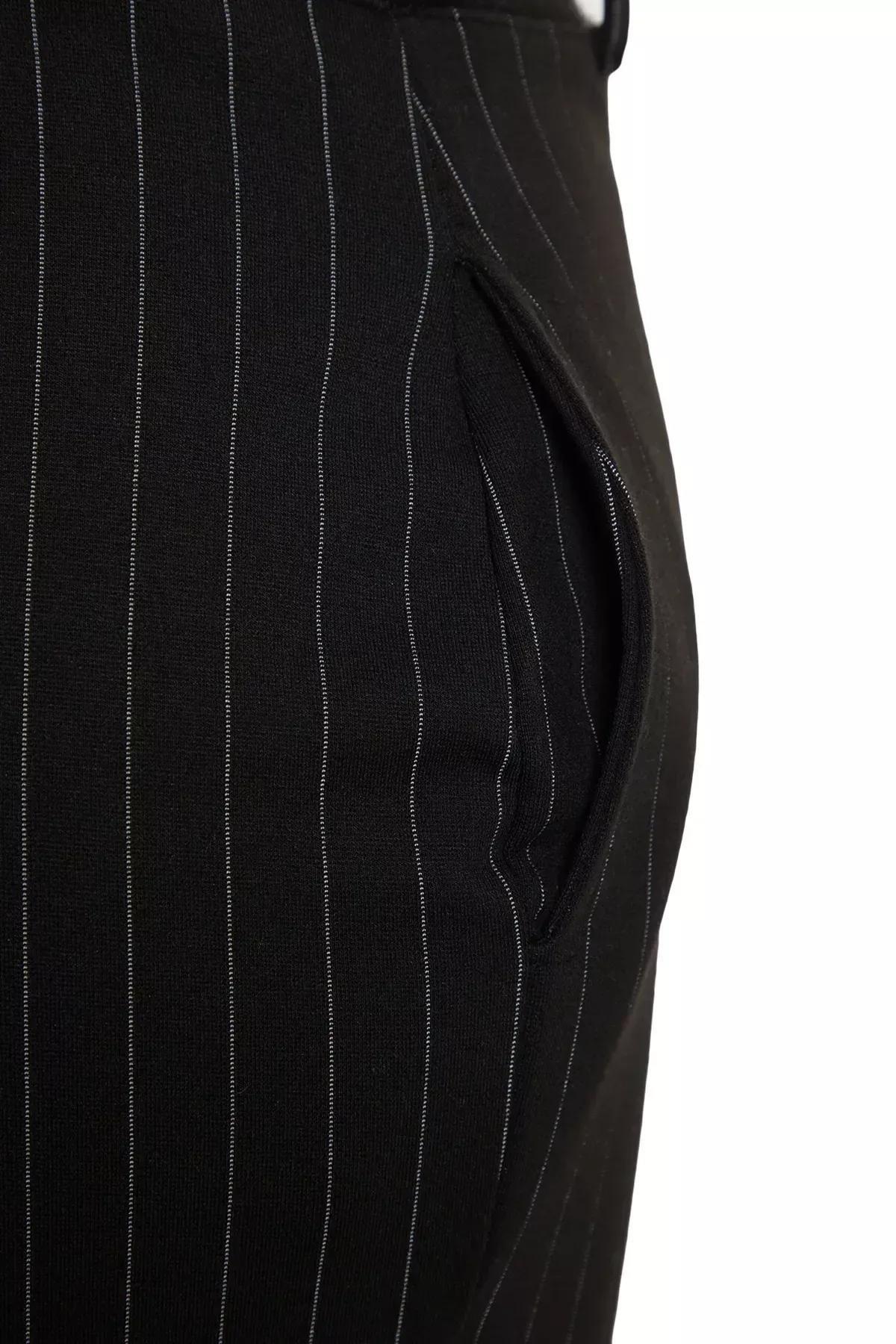 Black Striped Straight High Waist Knitted Pants, BLACK, large image number 7