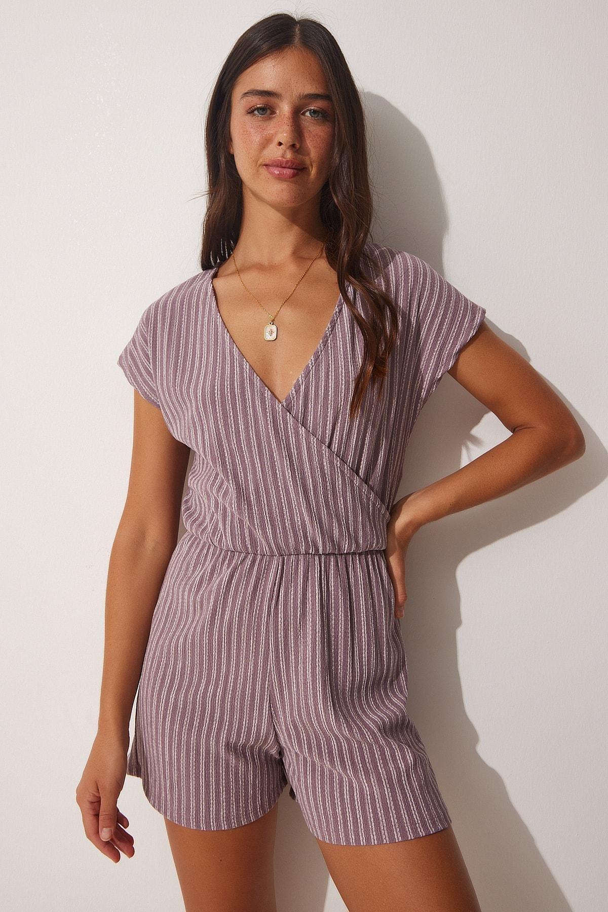 Purple Wrap Over Collar Knitted Jumpsuit, Lilac, large image number 1
