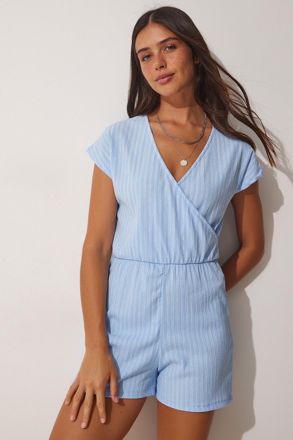 Happiness Istanbul - Blue Wrap Over Collar Knitted Jumpsuit