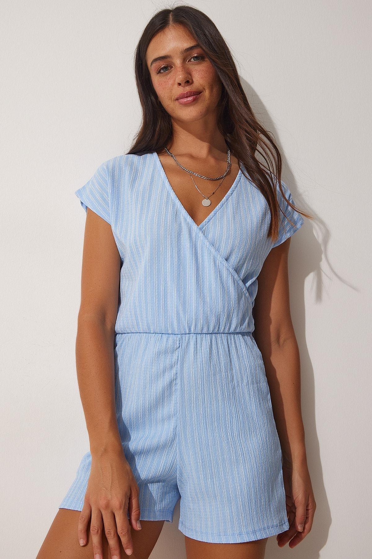 Happiness Istanbul - Blue Wrap Over Collar Knitted Jumpsuit