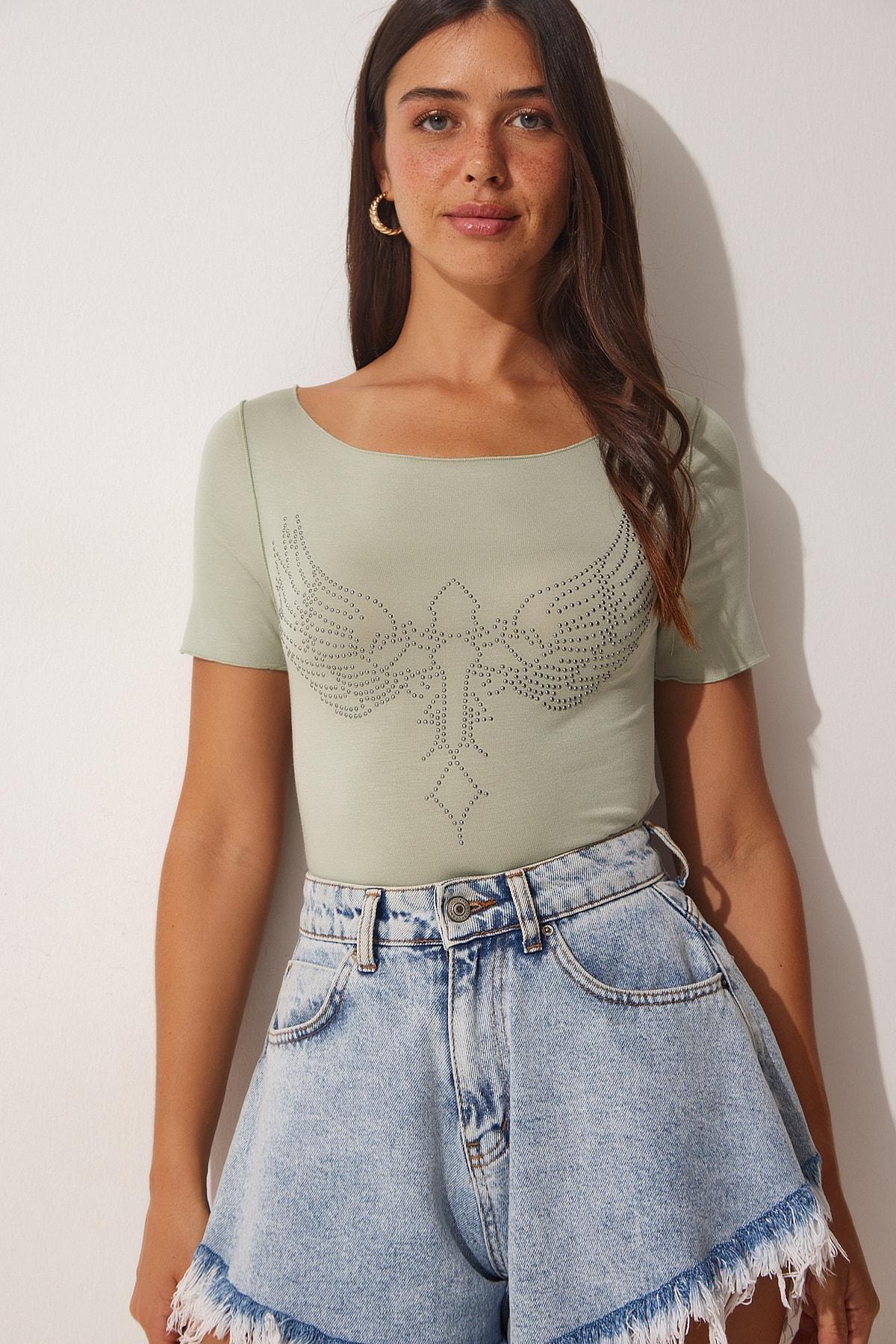 Turquoise Embroidered Knitted Viscose T-Shirt, , large image number 2