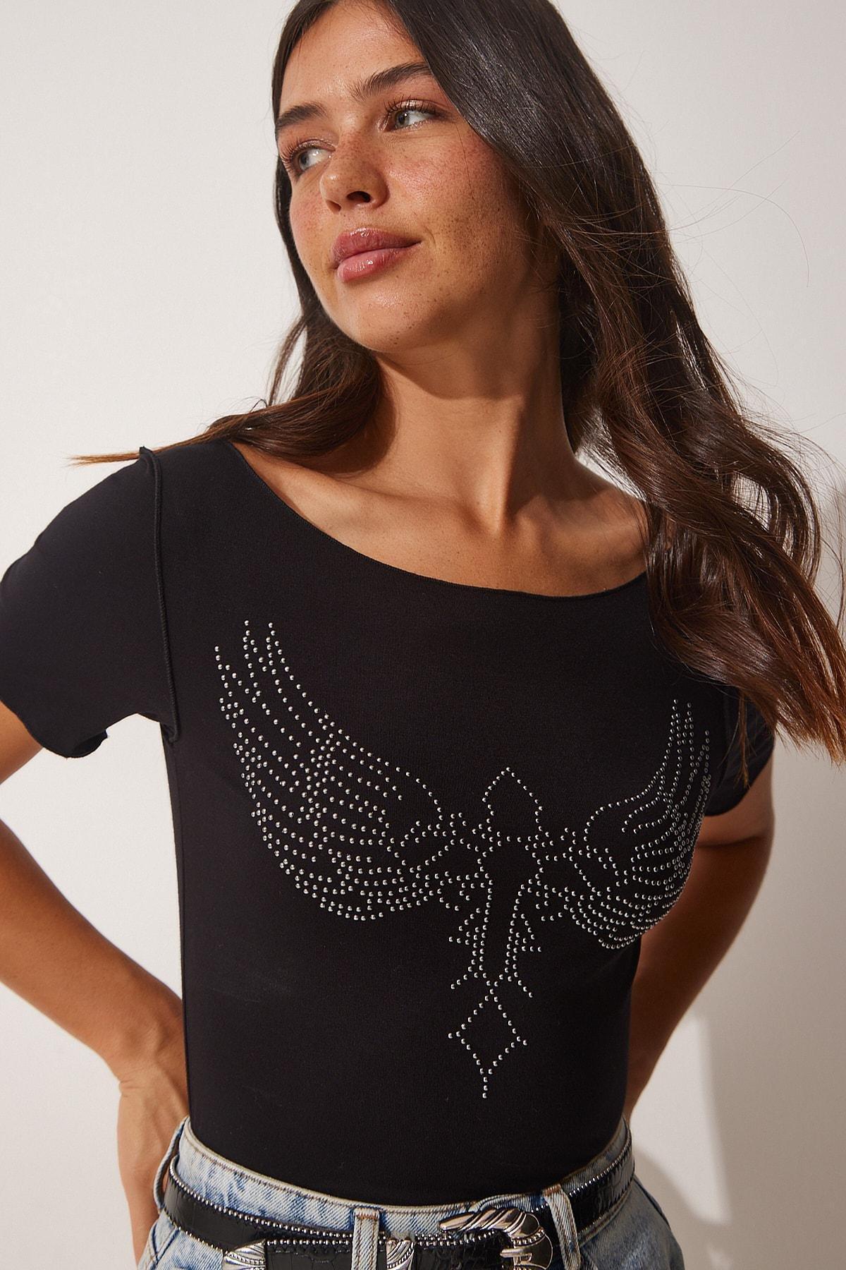 Black Wing Embroidered Viscose Knitted T-Shirt, BLACK, large image number 0