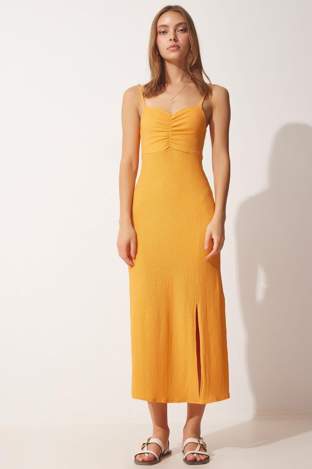 Happiness Istanbul - Orange Strap Slit Summer Knitted Dress