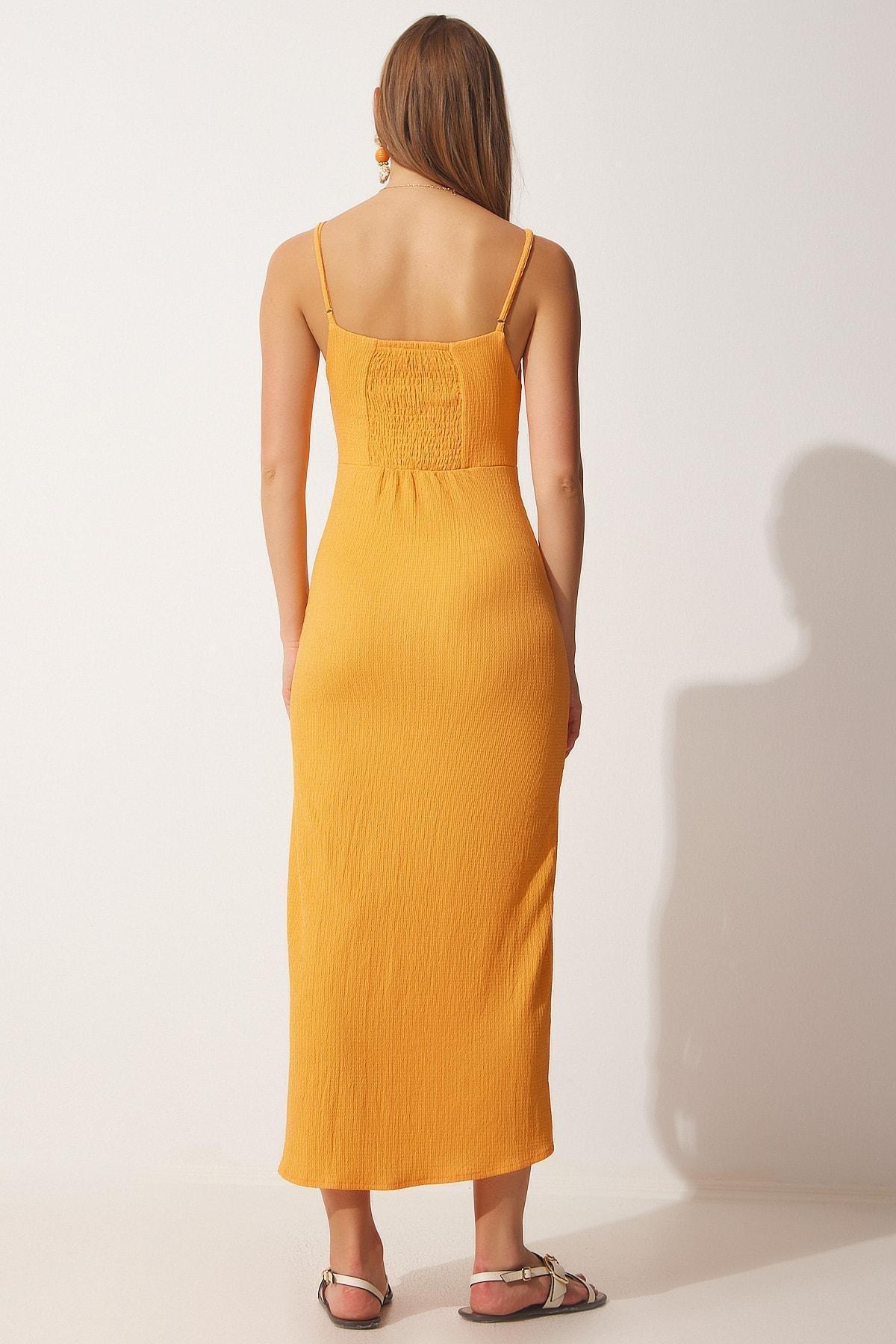 Happiness Istanbul - Orange Strap Slit Summer Knitted Dress
