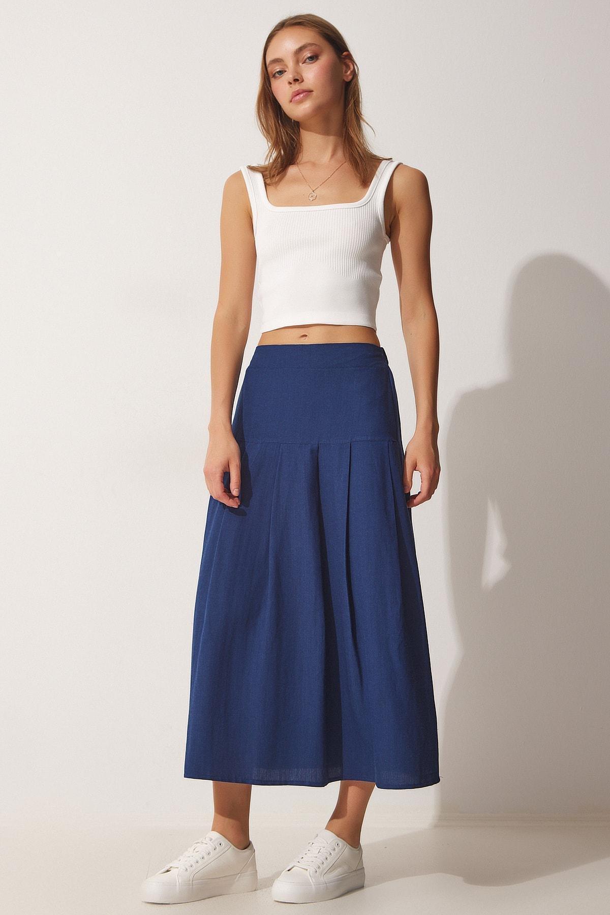 Navy Pleated Summer Linen Skirt, Navy blue, large image number 0