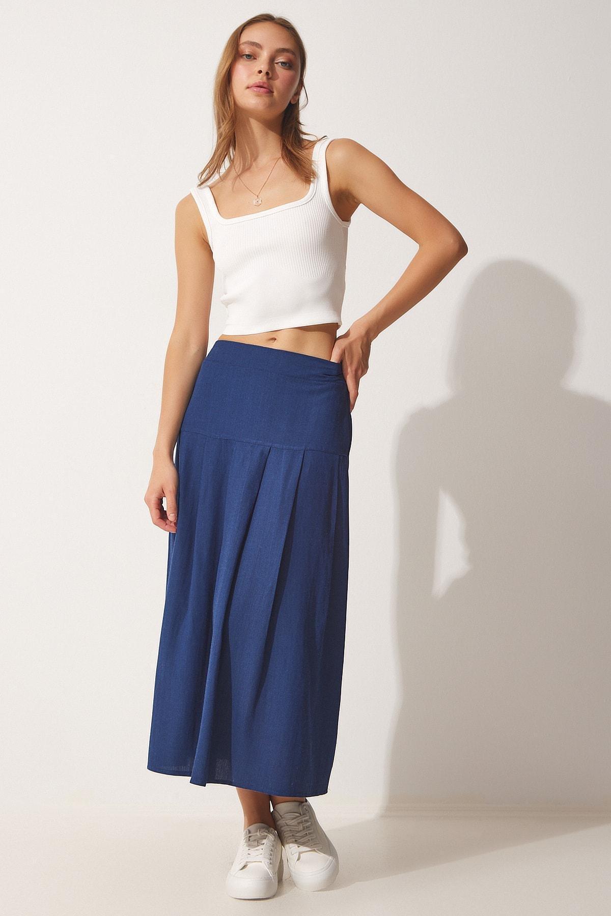Navy Pleated Summer Linen Skirt, Navy blue, large image number 1