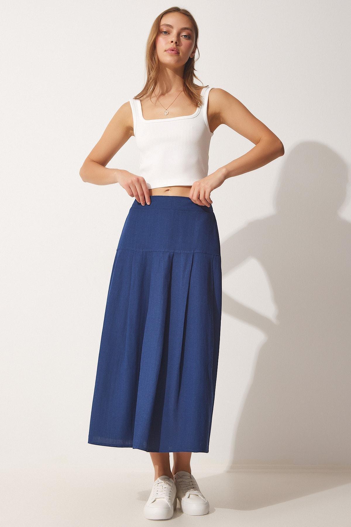 Navy Pleated Summer Linen Skirt, Navy blue, large image number 2