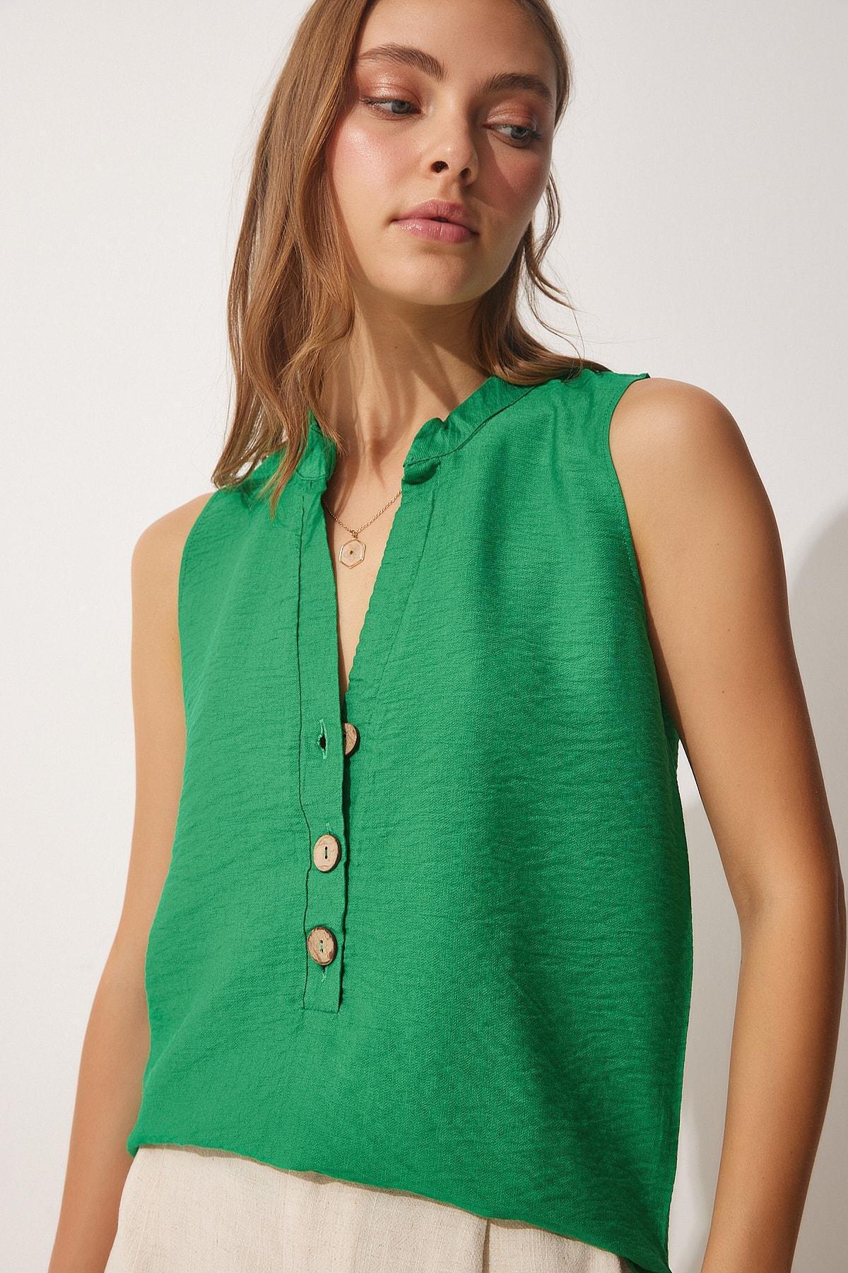 Happiness Istanbul - Green Wooden Buttons Aerobatic Blouse
