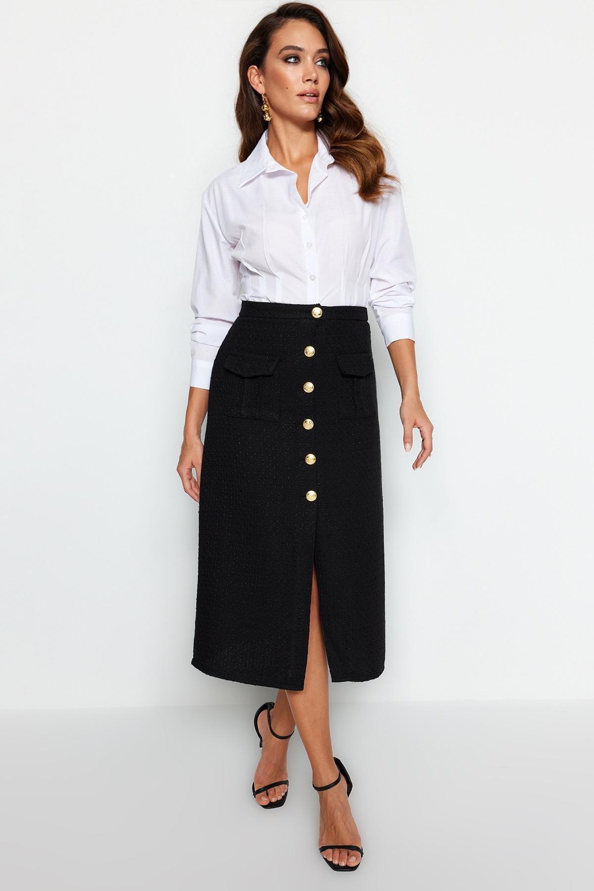 Black Buttoned Detailed Woven Midi Skirt, , large image number 0