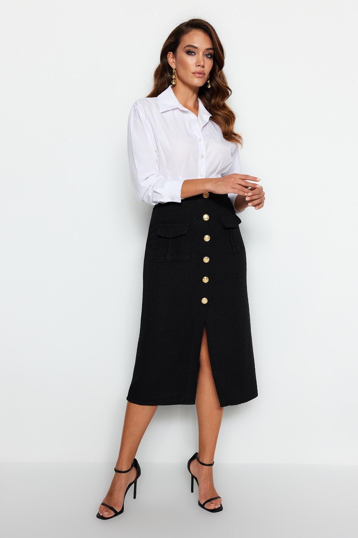 Black Buttoned Detailed Woven Midi Skirt, , large image number 1