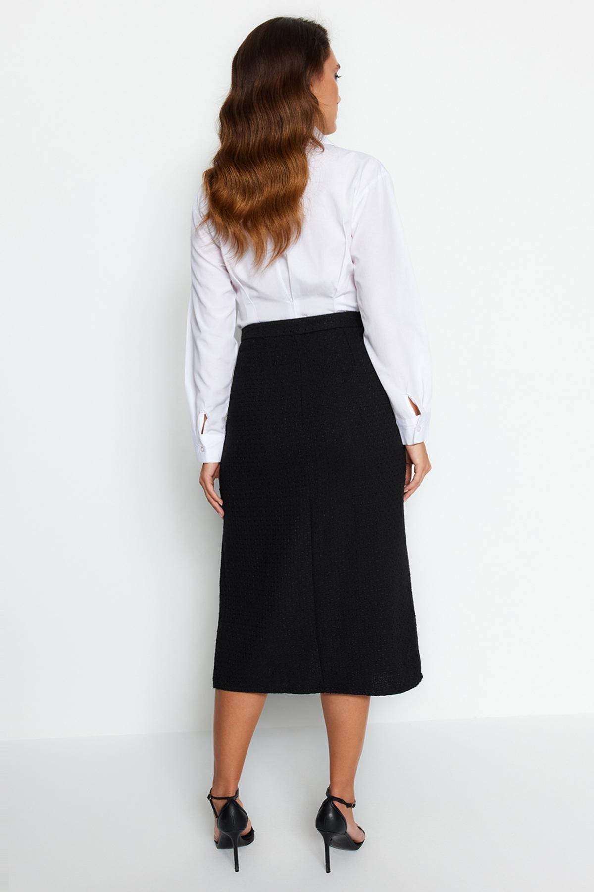 Black Buttoned Detailed Woven Midi Skirt, , large image number 3