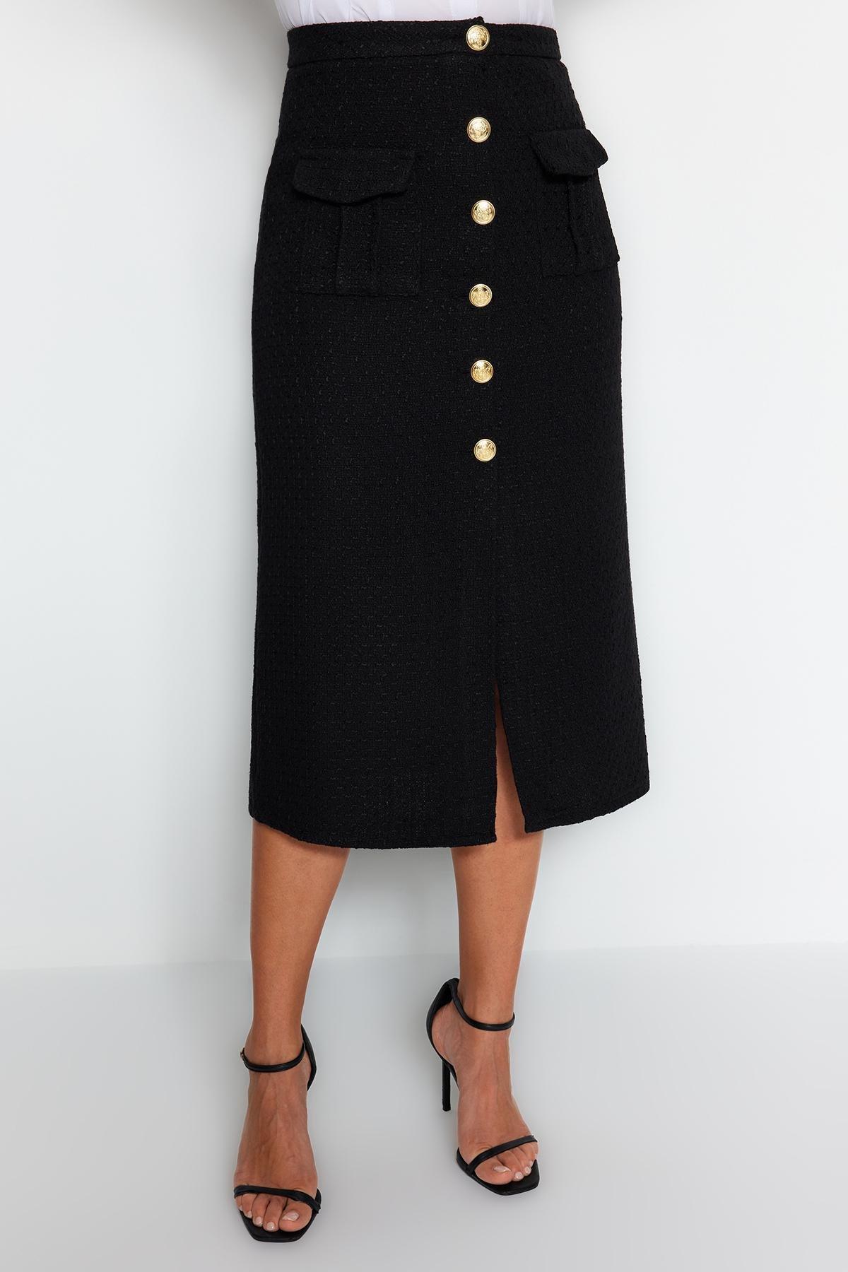 Black Buttoned Detailed Woven Midi Skirt, , large image number 4