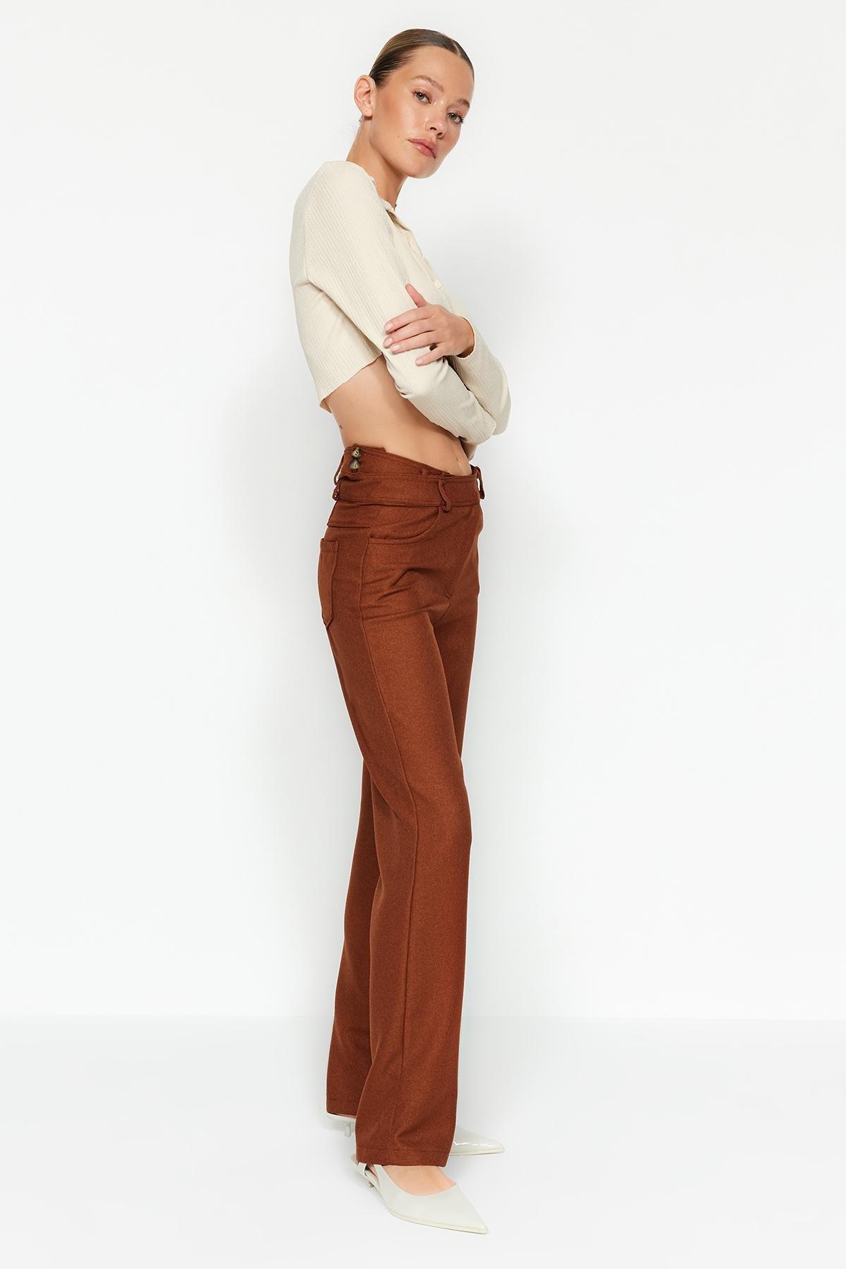 Trendyol - Brown High Waist Straight Trousers