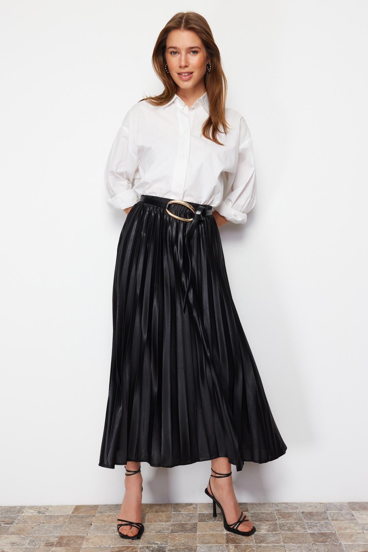 Black Pleated Woven Skirt, , large image number 0