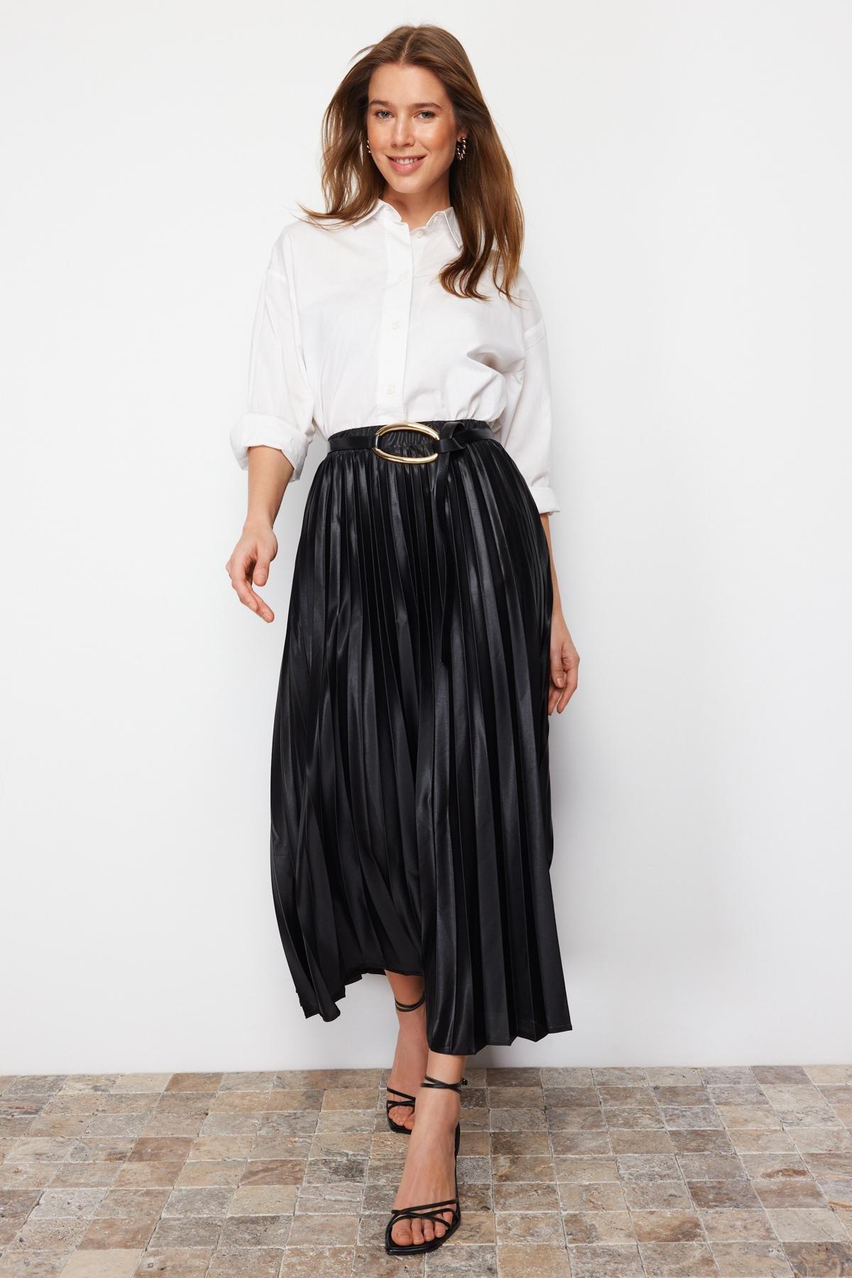 Black Pleated Woven Skirt, , large image number 1