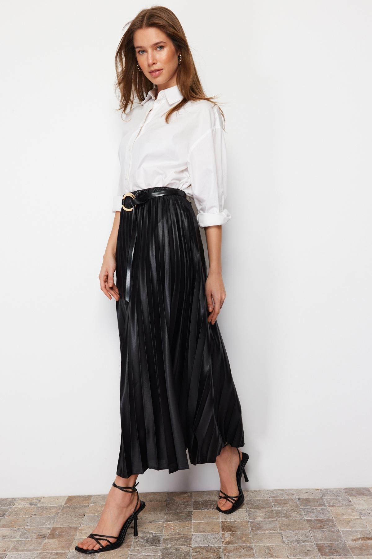 Black Pleated Woven Skirt, , large image number 2