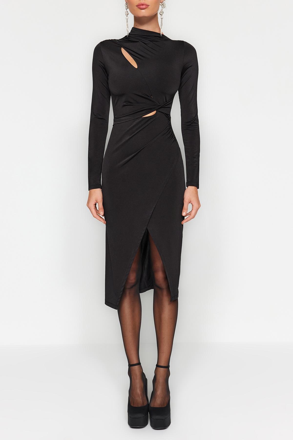 Black Fitted Detailed Occasion Wear Dress, , large image number 3