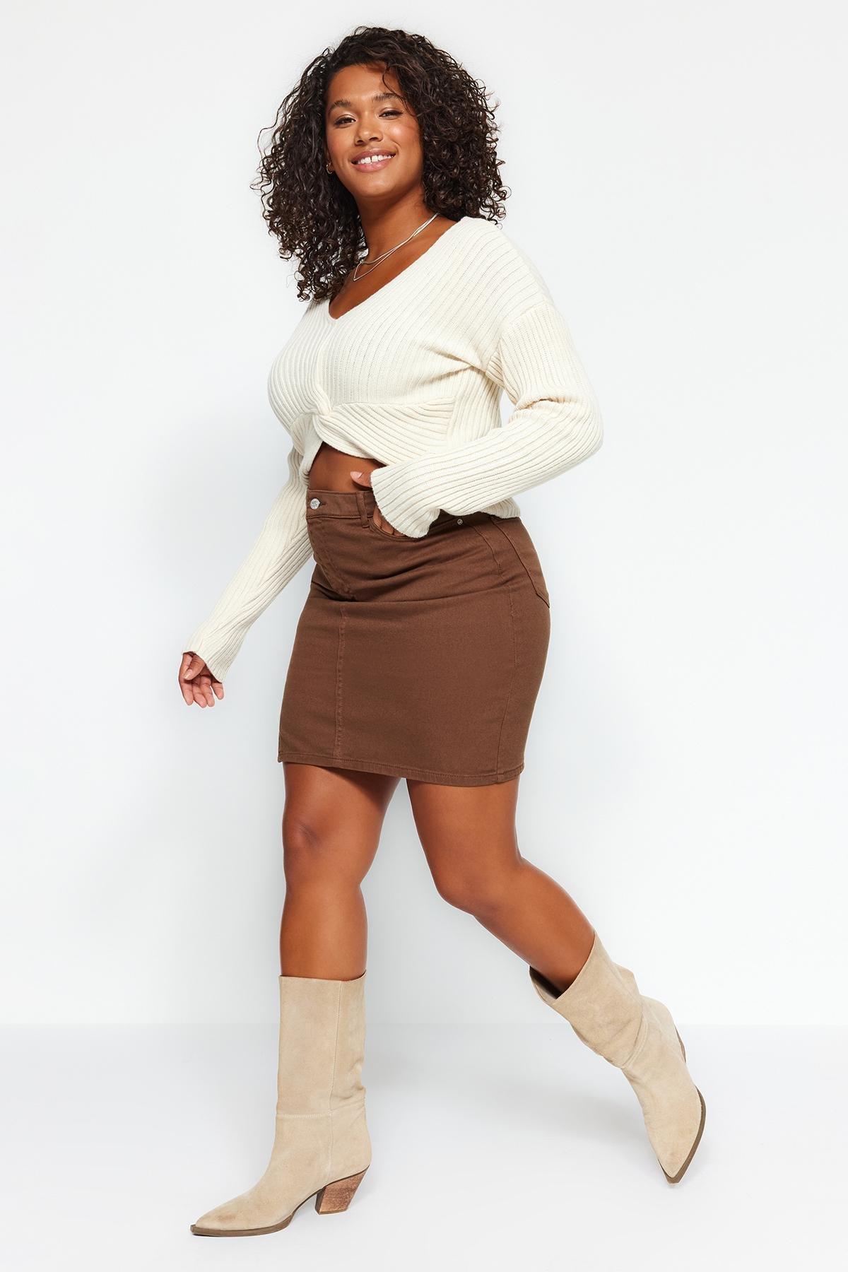 Trendyol - Brown Slit Detailed Denim Skirt