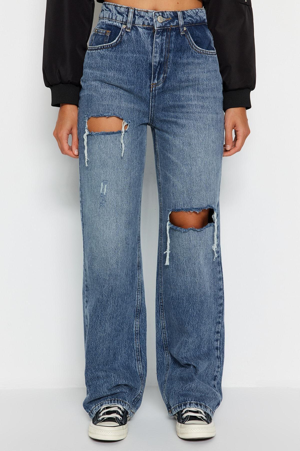 Blue Ripped Wide Leg Jeans, , large image number 3
