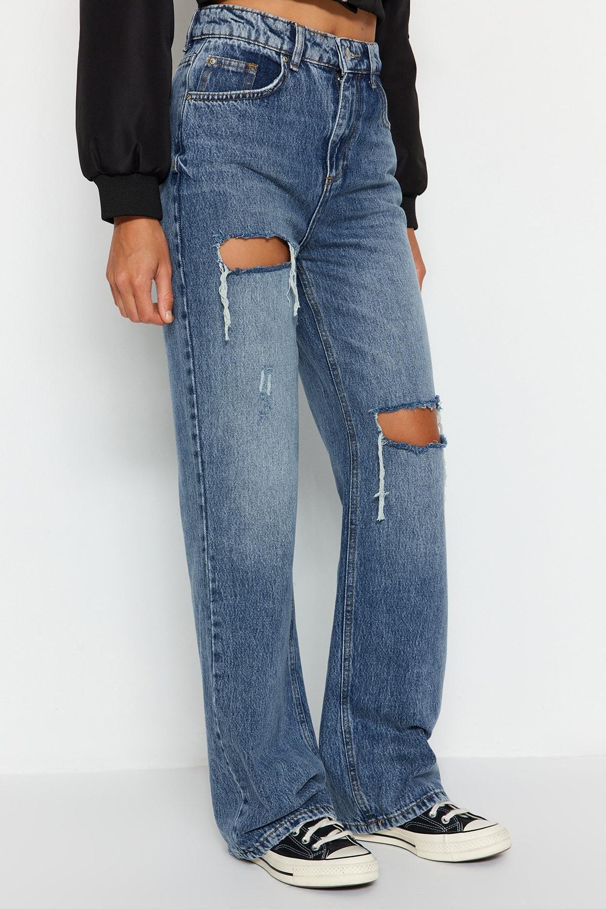 Blue Ripped Wide Leg Jeans, , large image number 4
