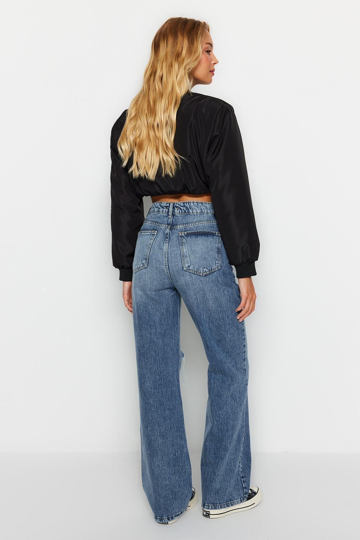 Blue Ripped Wide Leg Jeans, , large image number 5